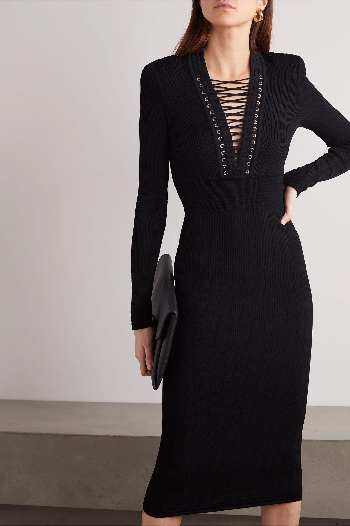 Lace-up ribbed-knit midi dress - 3