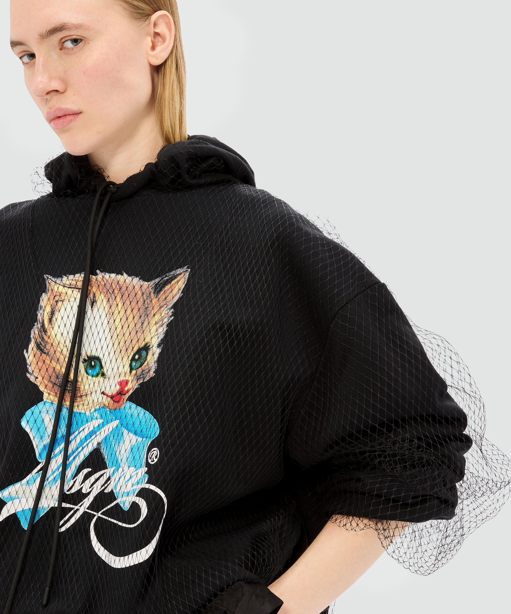 Black jersey sweatshirt with tulle and "Cute Kitty" print - 5