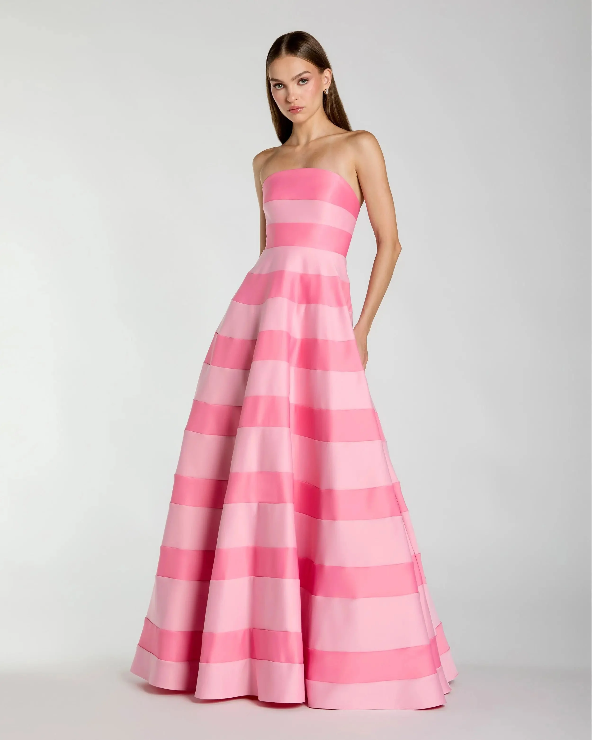 Pink Striped Strapless Satin Ballgown With Pockets - 1