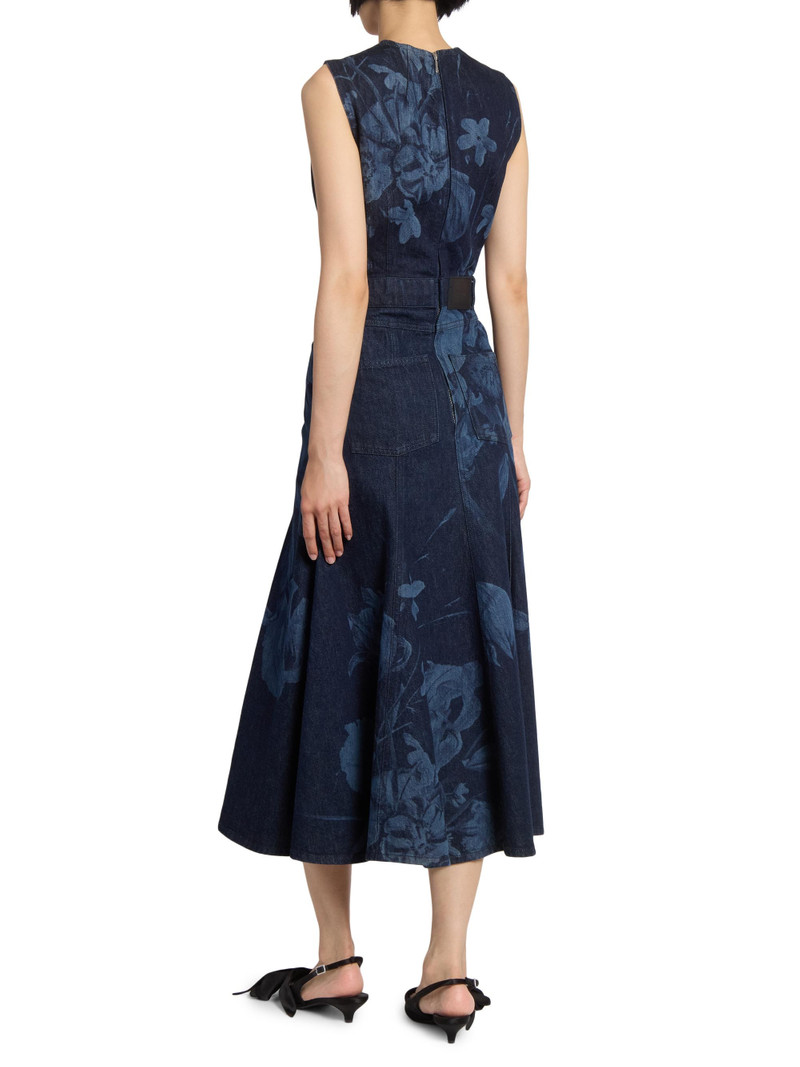 Women's Denim Floral Fluted Midi-Dress - Dutch Flower Painting Indigo 5