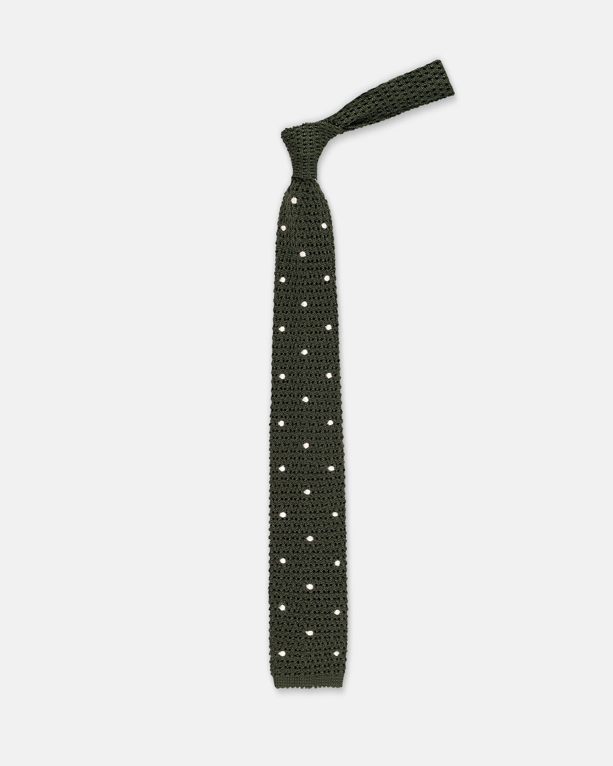 MADE-IN-ITALY GREEN & WHITE DOTS SILK KNIT TIE - 1