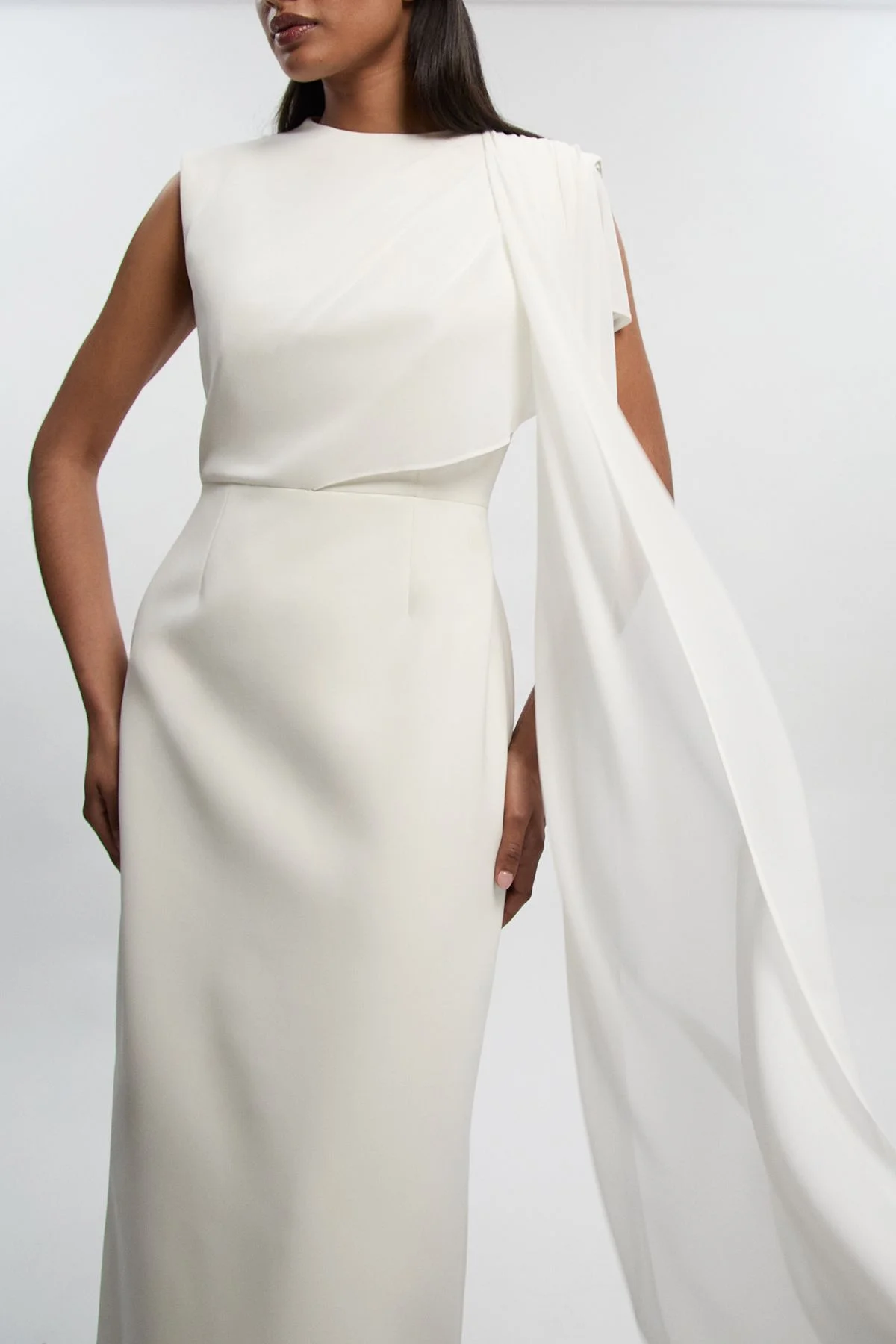 Polished Tailored Cape Drape Maxi Column Dress - 1