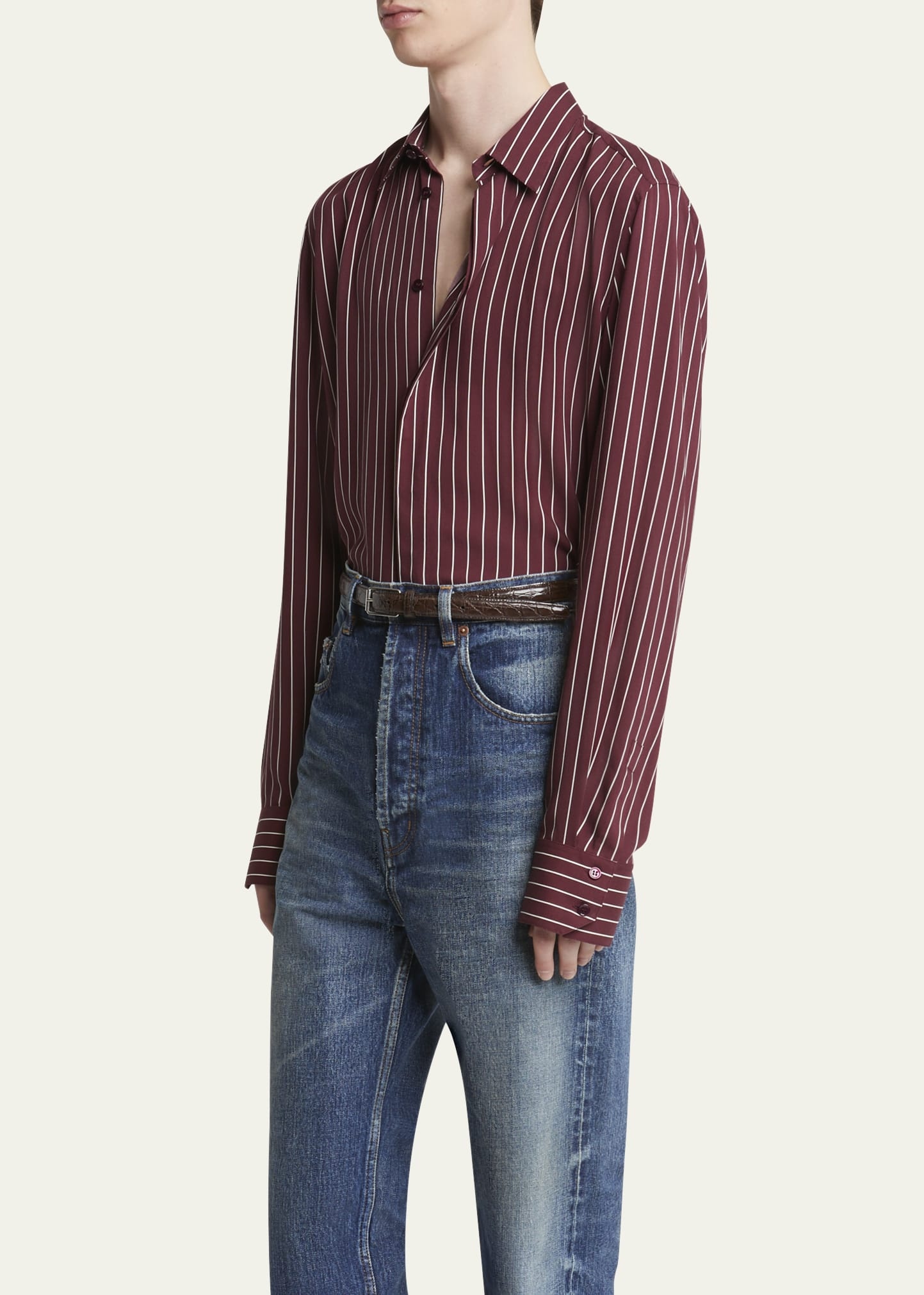 Men's Vertical Stripe Silk Sport Shirt - 4