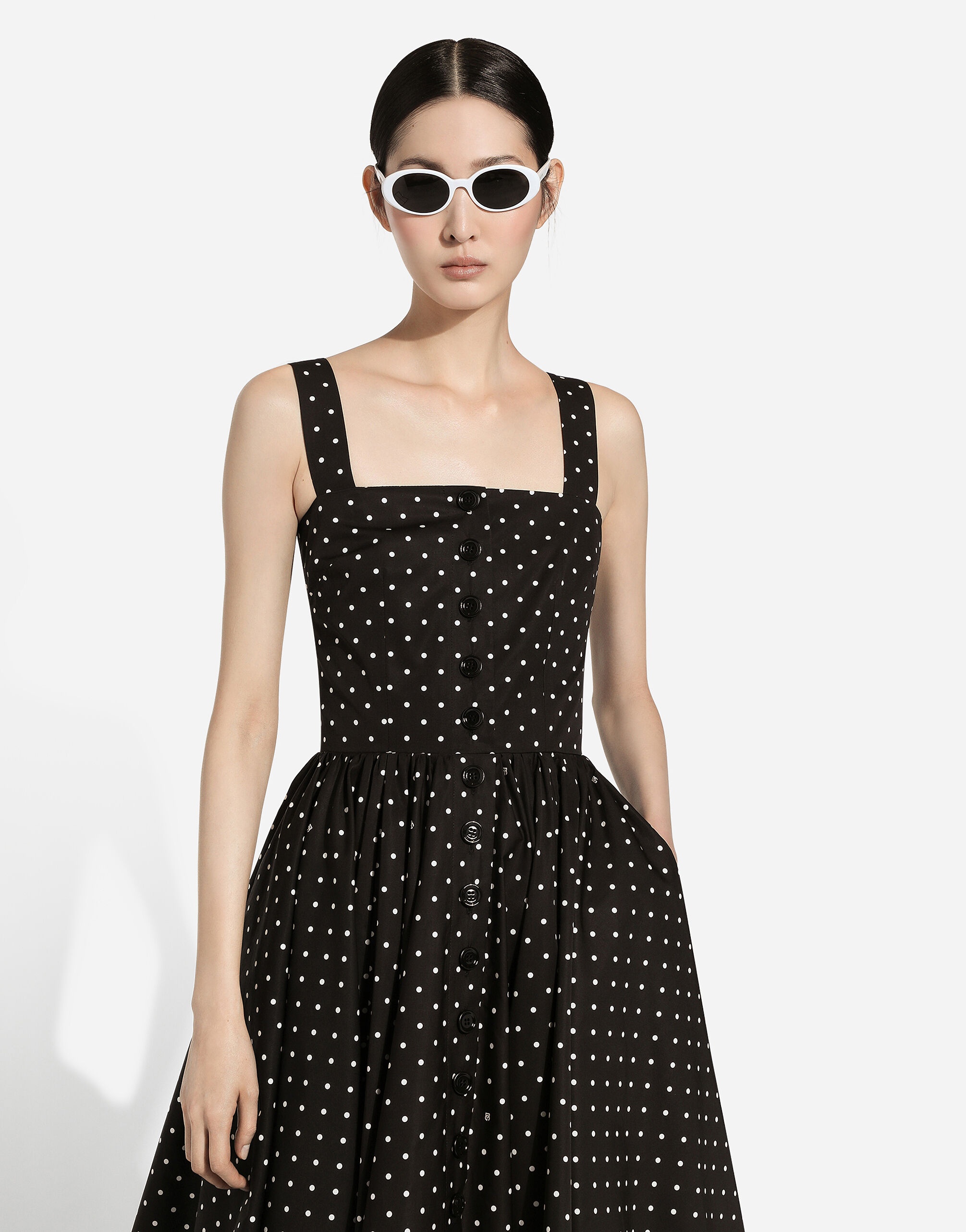 Calf-length cotton dress with polka-dot print - 4