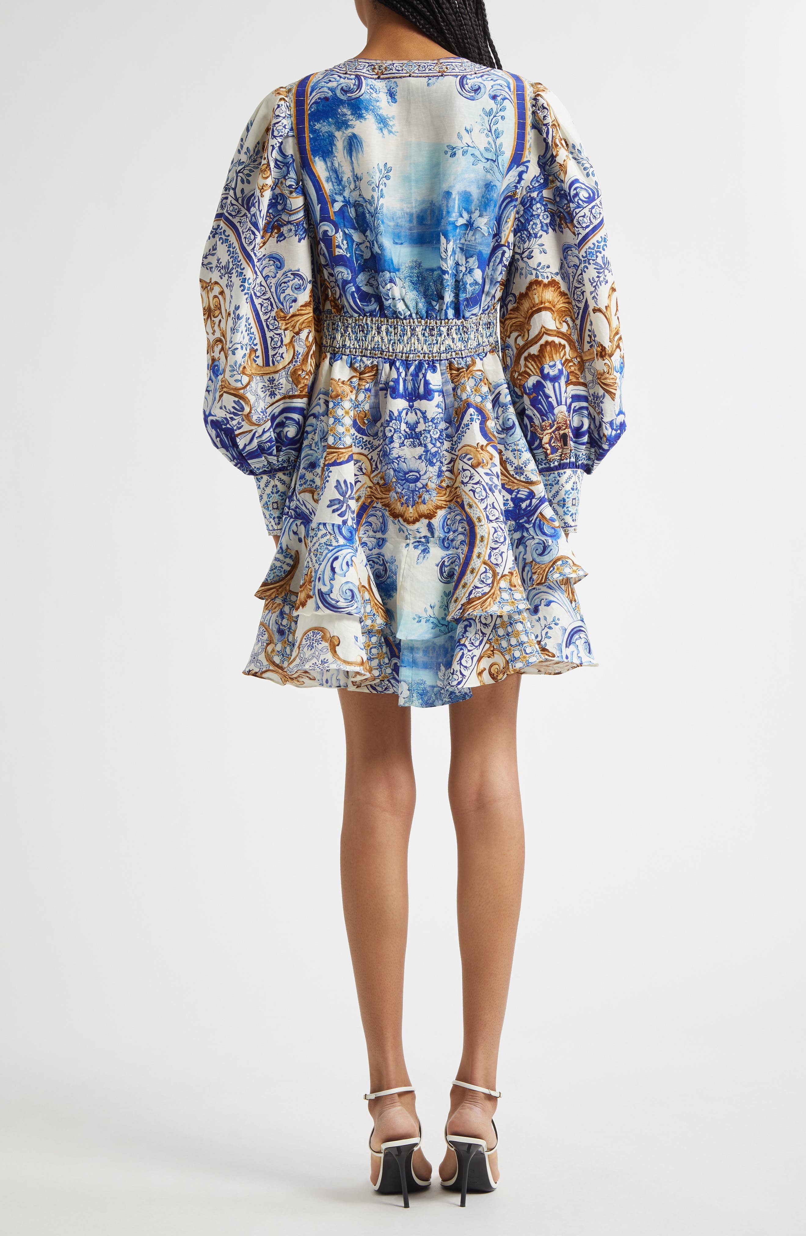 Camilla Button Front Frill Long Sleeve Linen & Silk Minidress in Azul Adventures at Nordstrom - 2