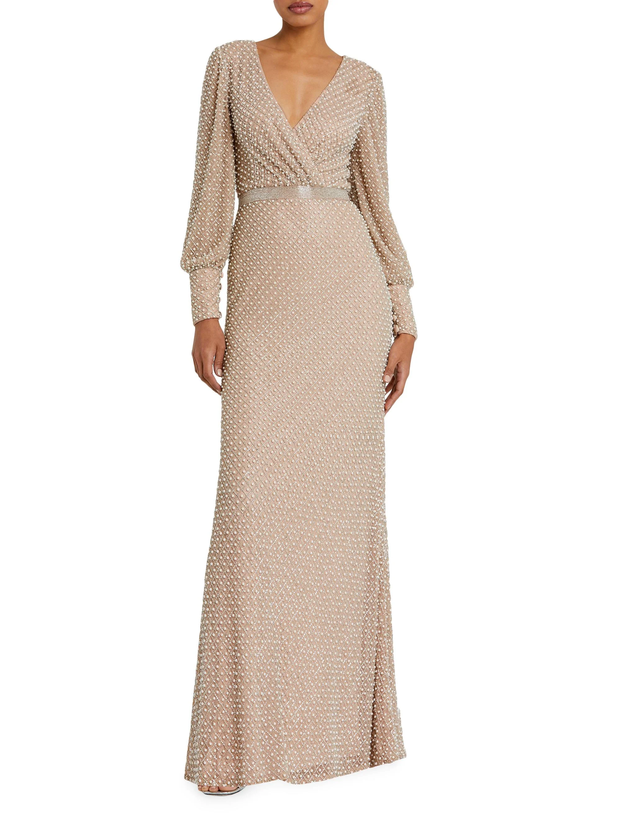 Women's Pearl-Embellished Long-Sleeve Gown - Ivory Beige - 1
