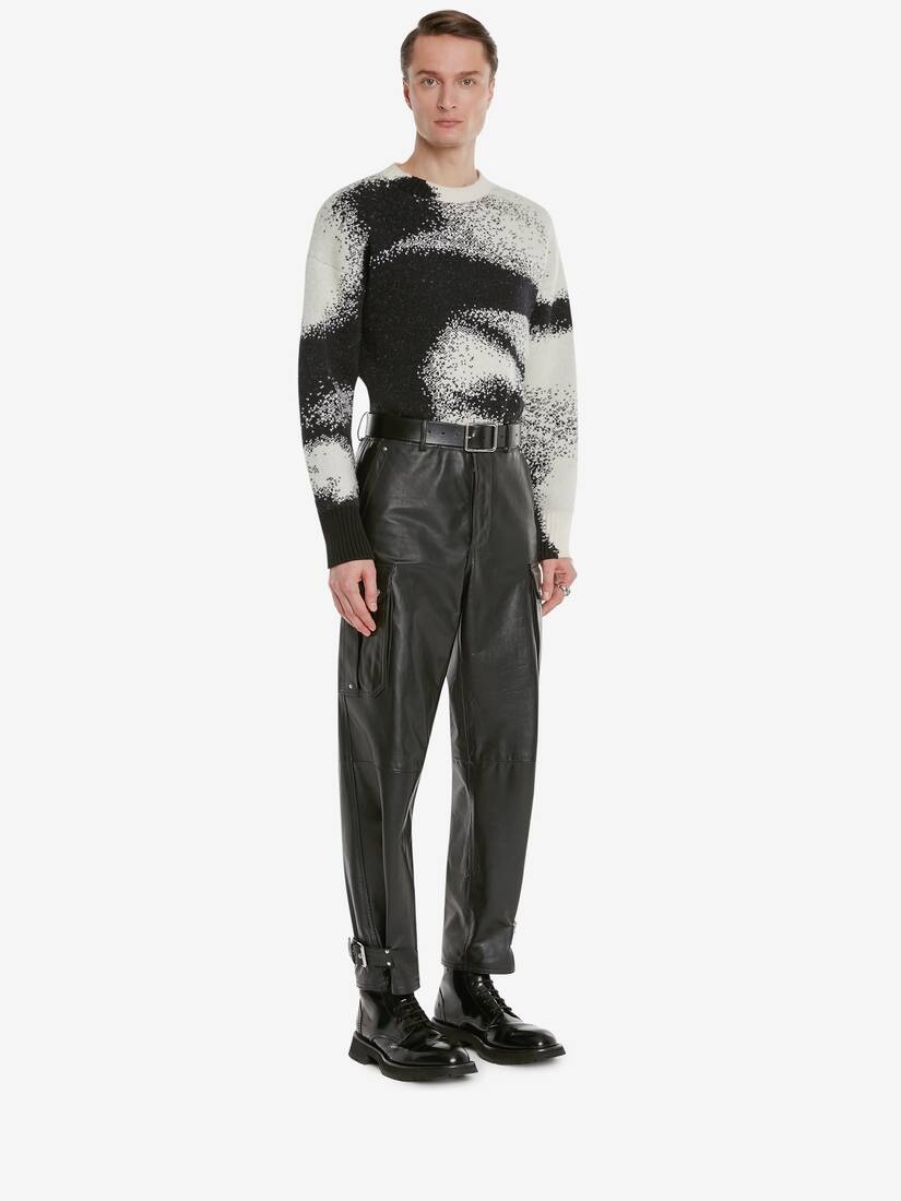 Men's Leather Cargo Trousers in Black - 3