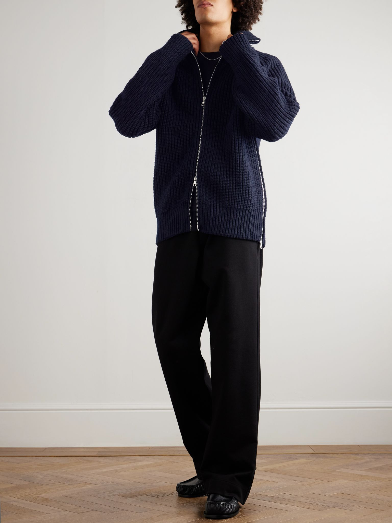 Ribbed Wool Zip-Up Sweater Black - 2