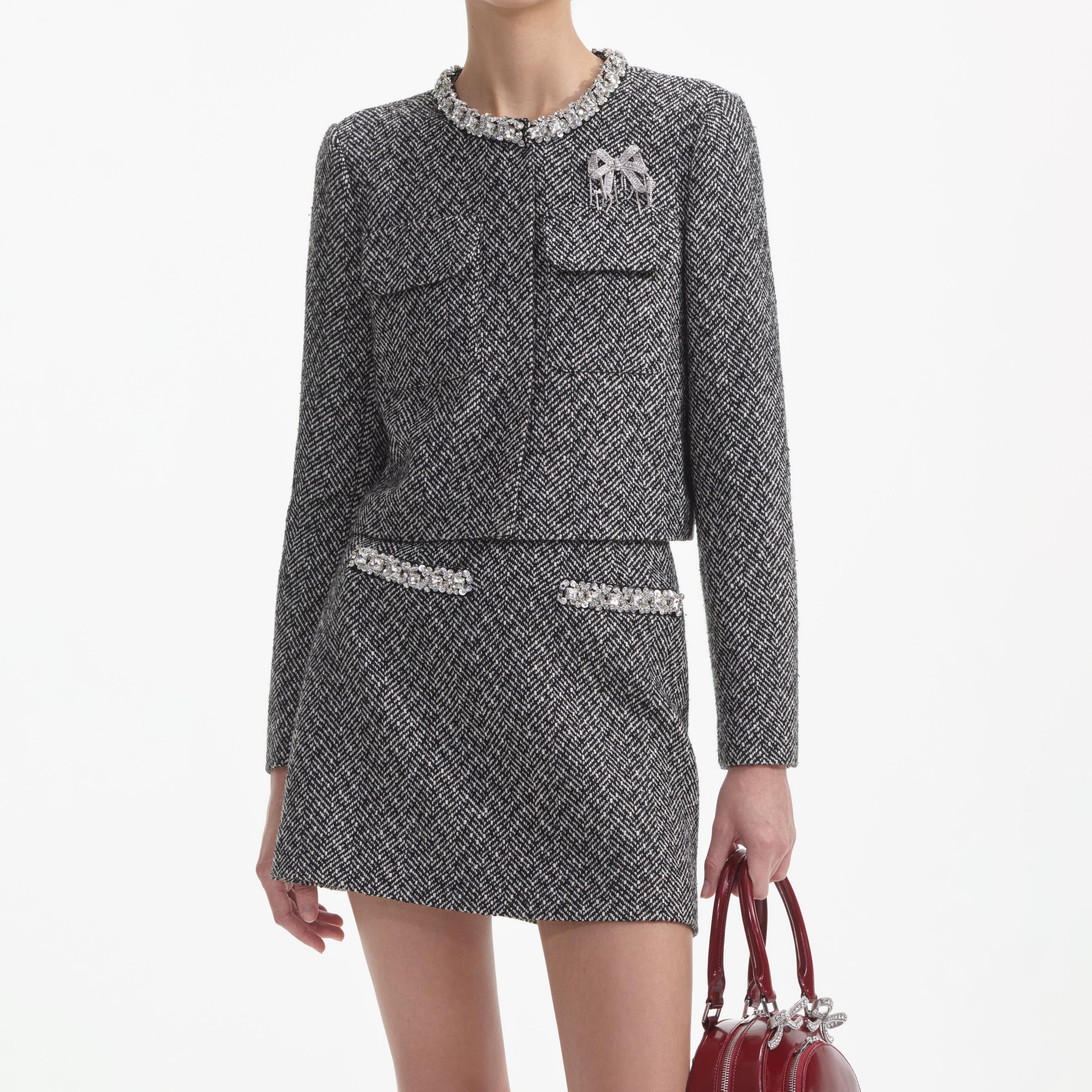 Black Herringbone Embellished Jacket - 4