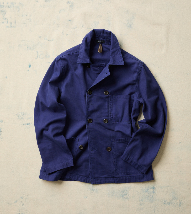 French Blue Cotton Serge Double-Breasted Chore Coat - 1