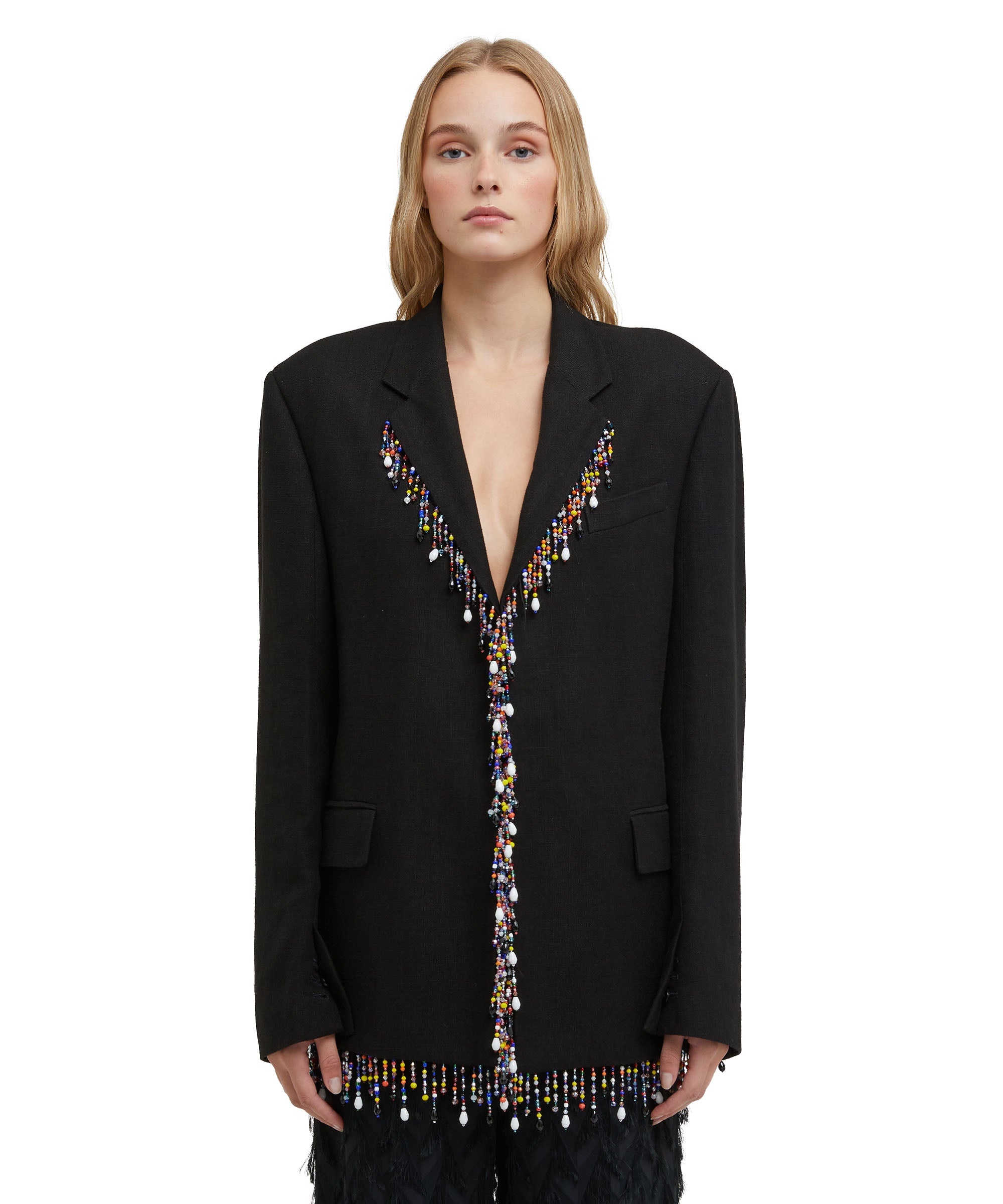 Blended linen single-breasted jacket with beaded application - 2