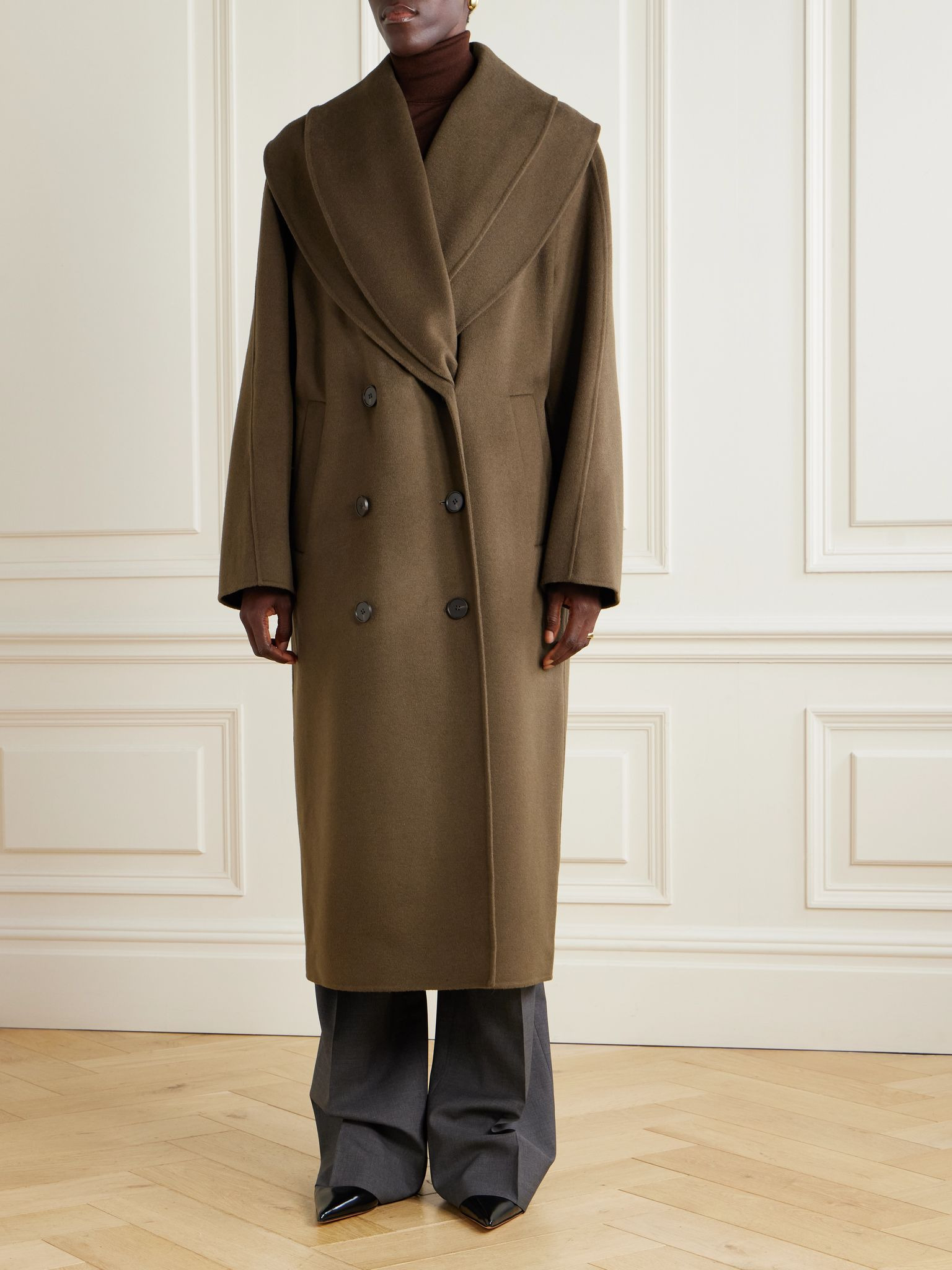 Double-breasted scarf-detailed layered wool coat Dark green - 3