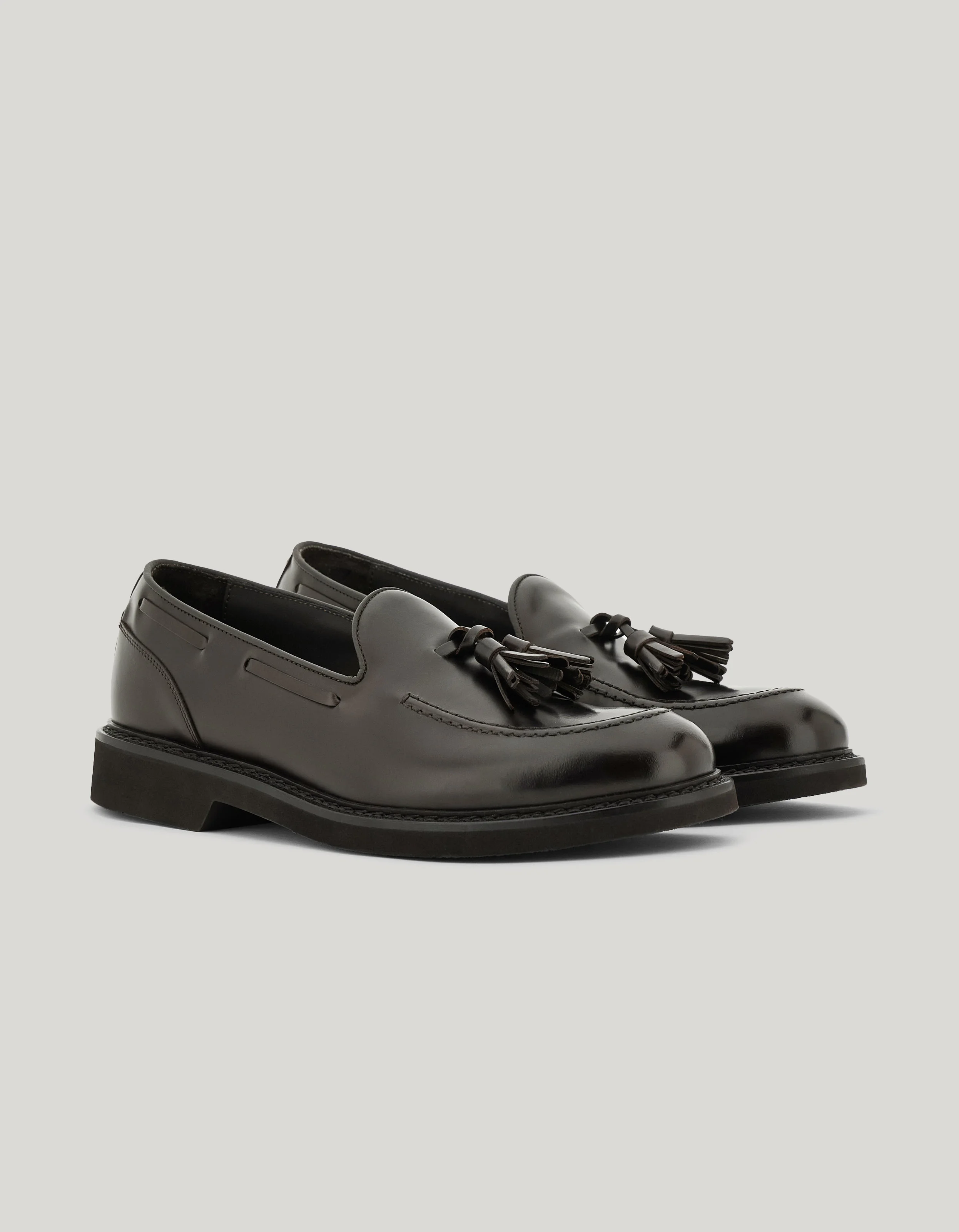 DARK BROWN TUMBLED CALFSKIN TASSEL LOAFERS - 1