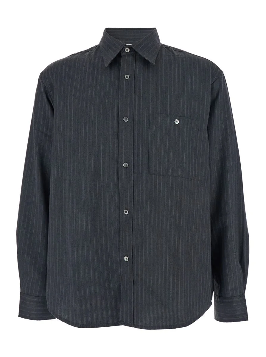 Tonywack Grey Pinstriped Shirt With Pointed Collar In Wool Blend Man - 1