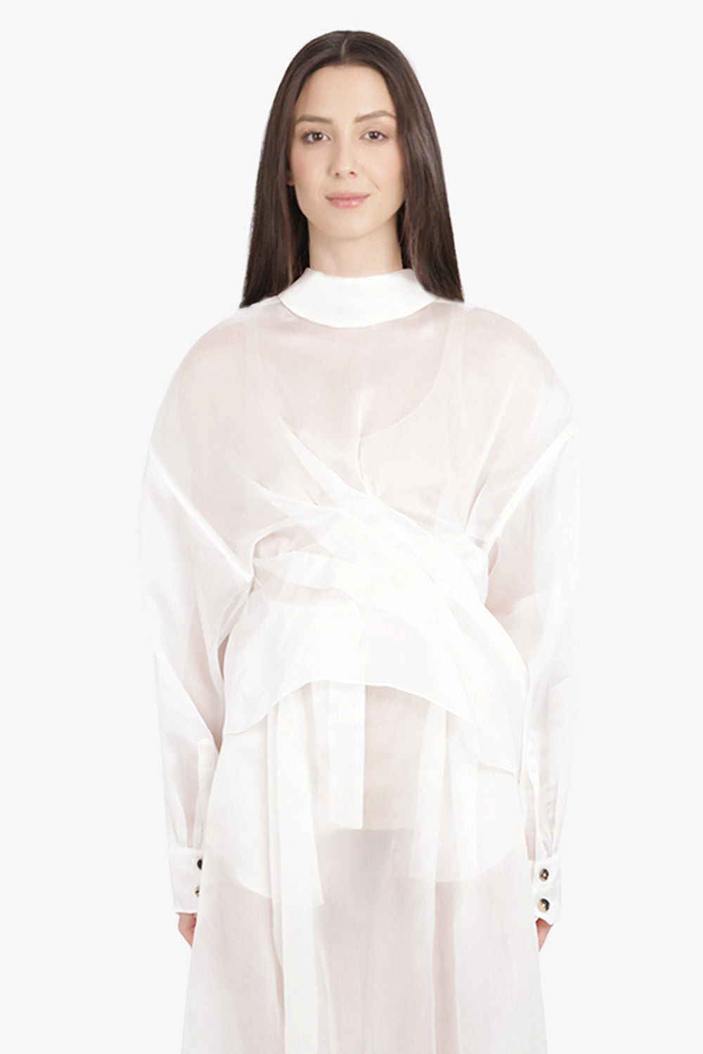 SHEER TWISTED L/S SHIRT WITH BALLOON SLEEVE DETAIL | WHITE - 3