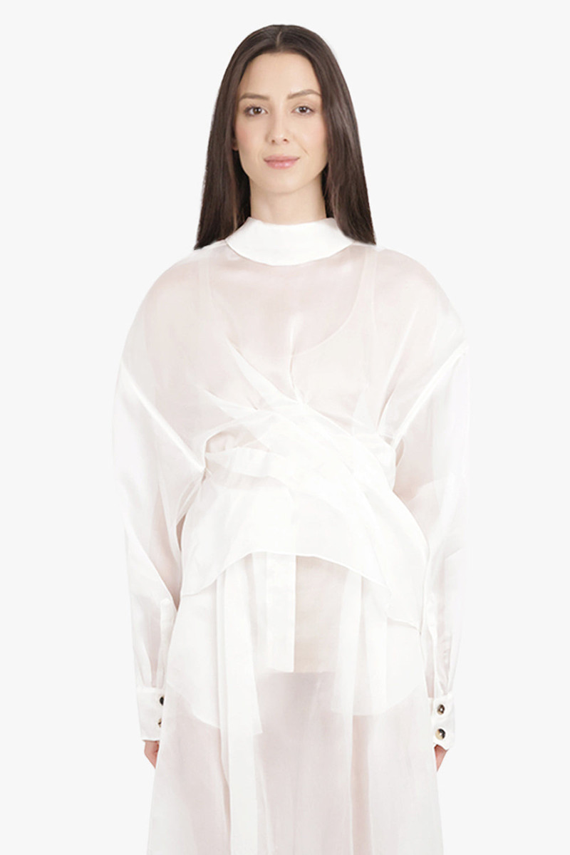 A.W.A.K.E. MODE SHEER TWISTED L/S SHIRT WITH BALLOON SLEEVE DETAIL | WHITE outlook