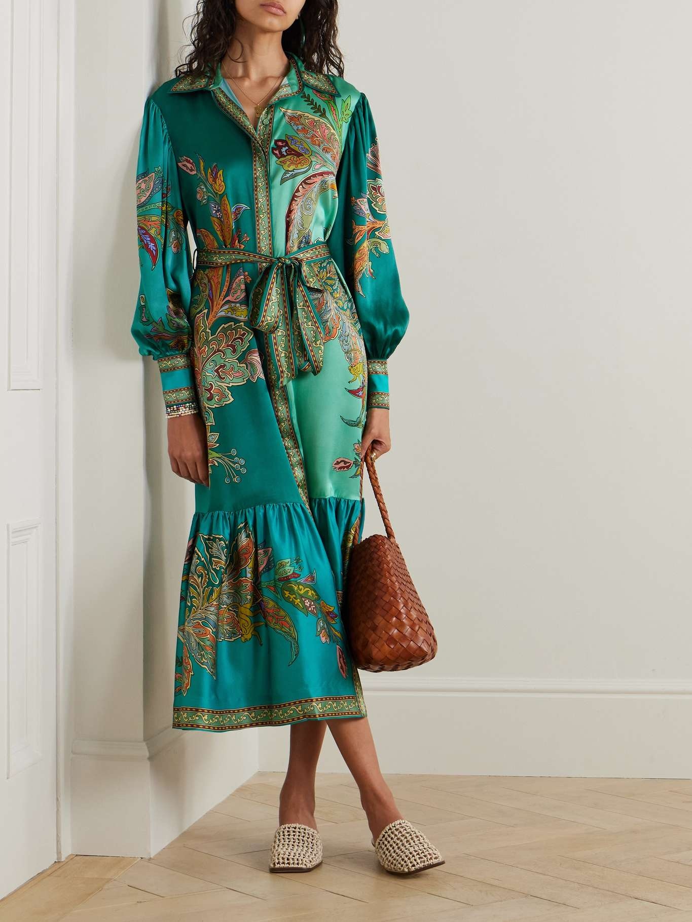 Franca belted tiered printed silk-satin maxi shirt dress - 2