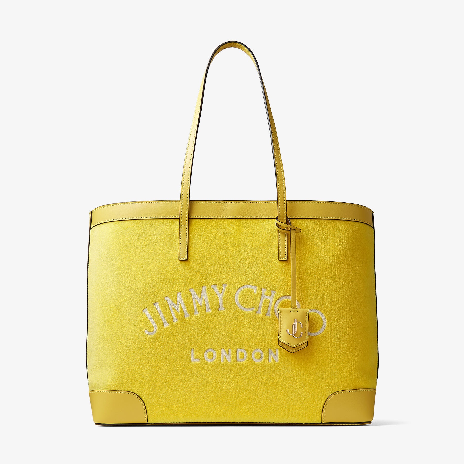 JIMMY CHOO Nine2Five E/W Yellow Towelling Fabric Logo Tote Bag | REVERSIBLE