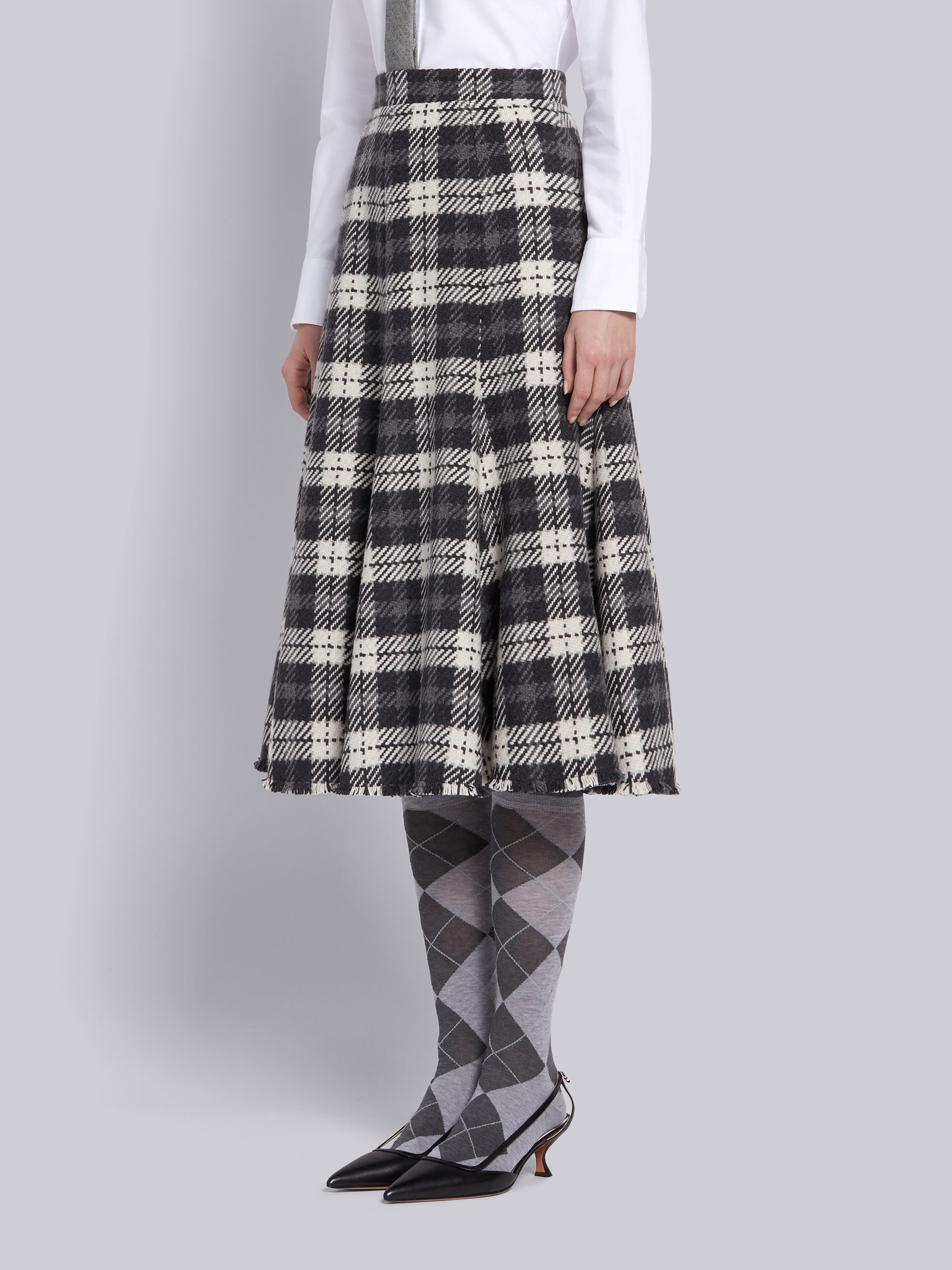 Medium Grey Cashmere Tartan Check Tweed Flounce Skirt - 2