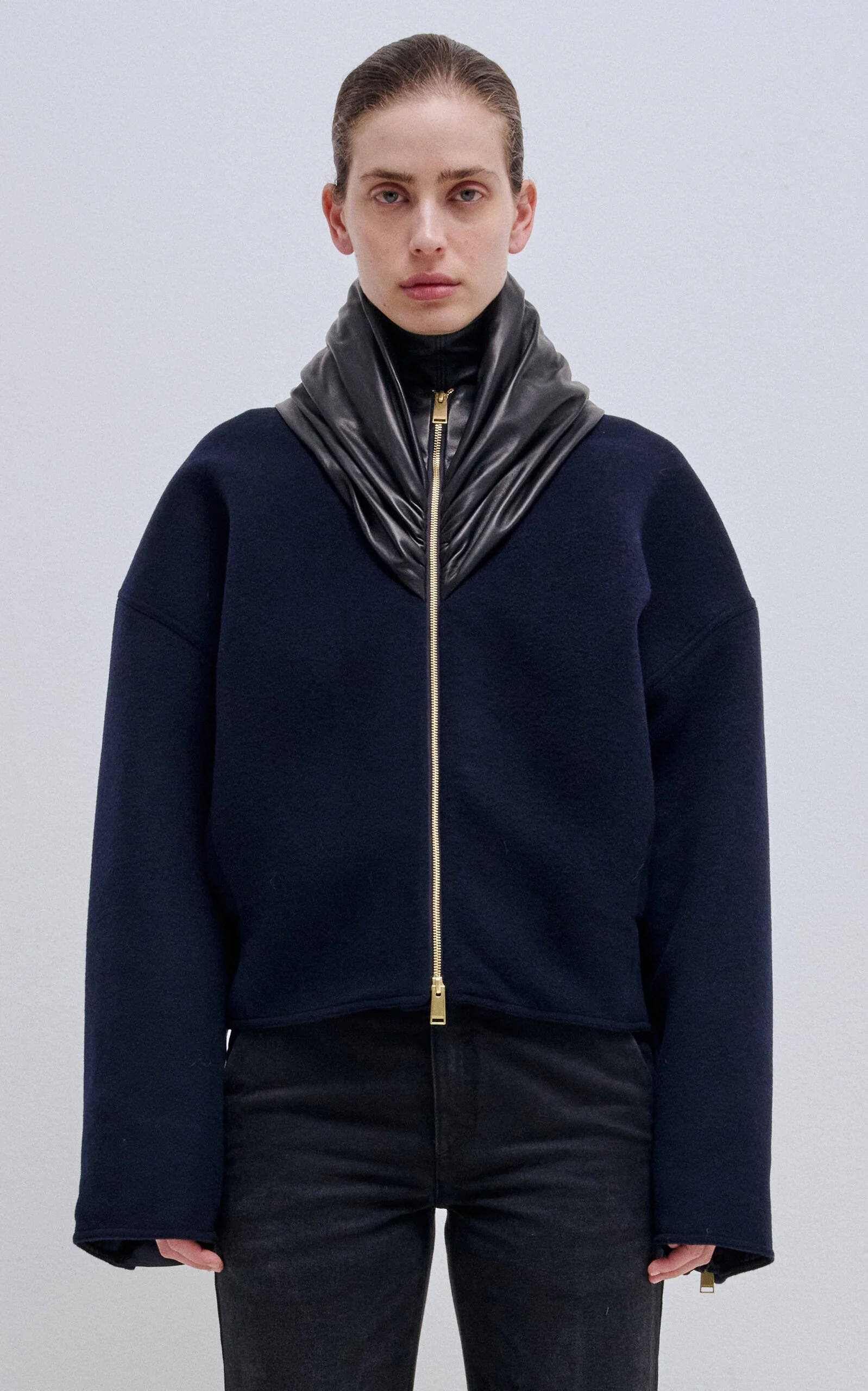 Anya Cashmere-Wool Leather Fold-Collar Bomber Jacket navy - 1