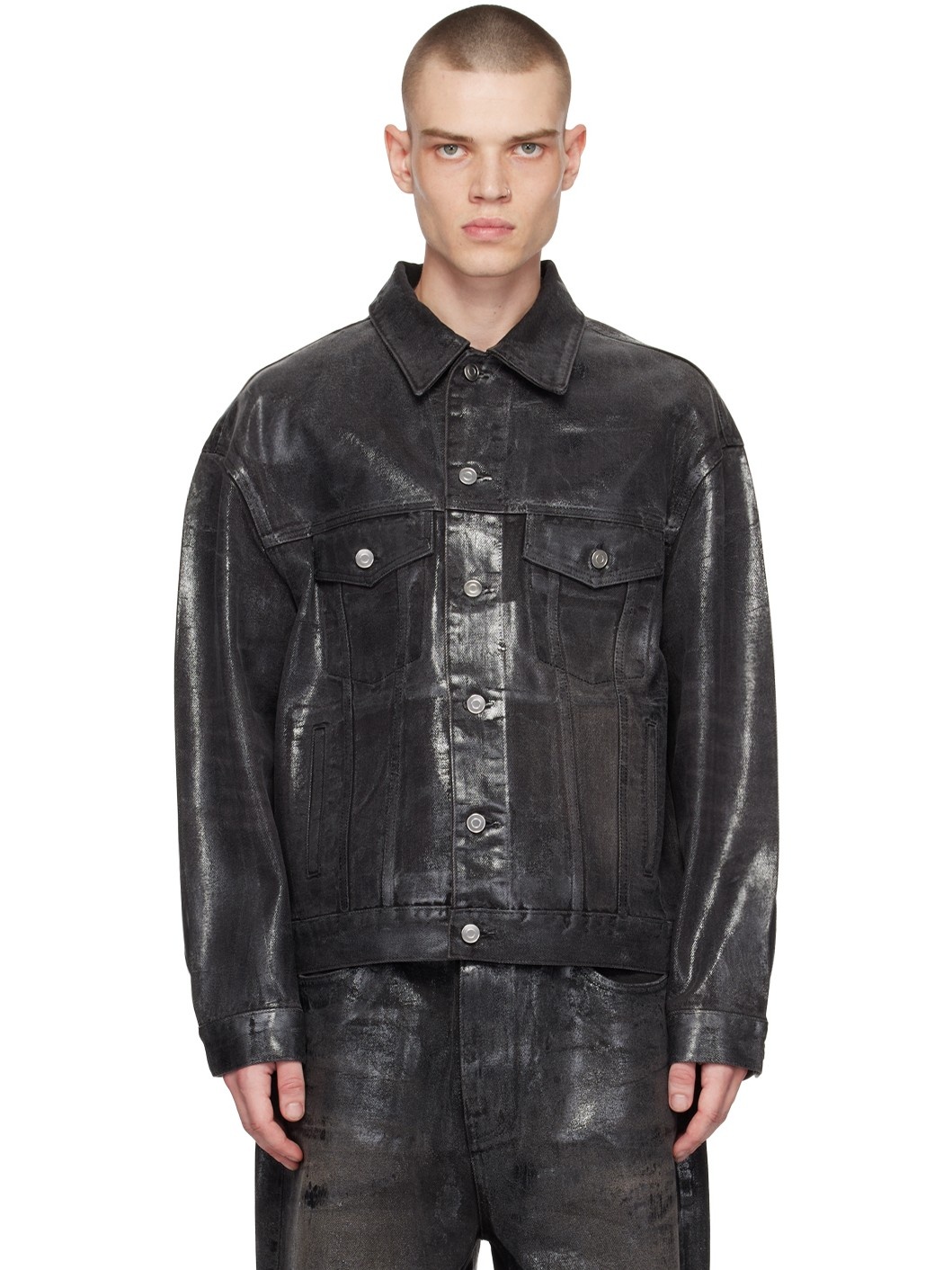 Black Foil Coated Trucker Denim Jacket - 1