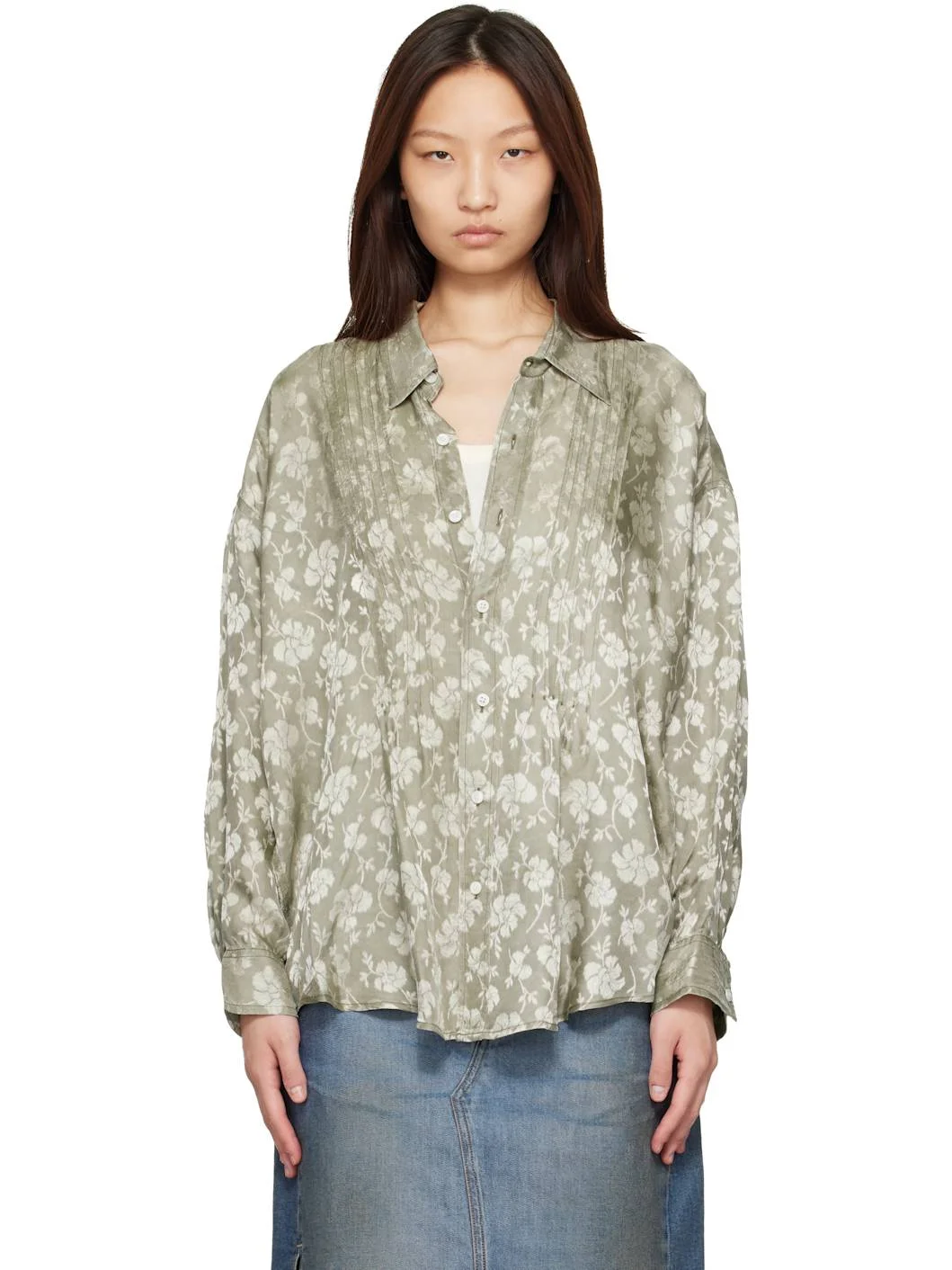 Khaki Pintuck Drop Neck Shirt - 1