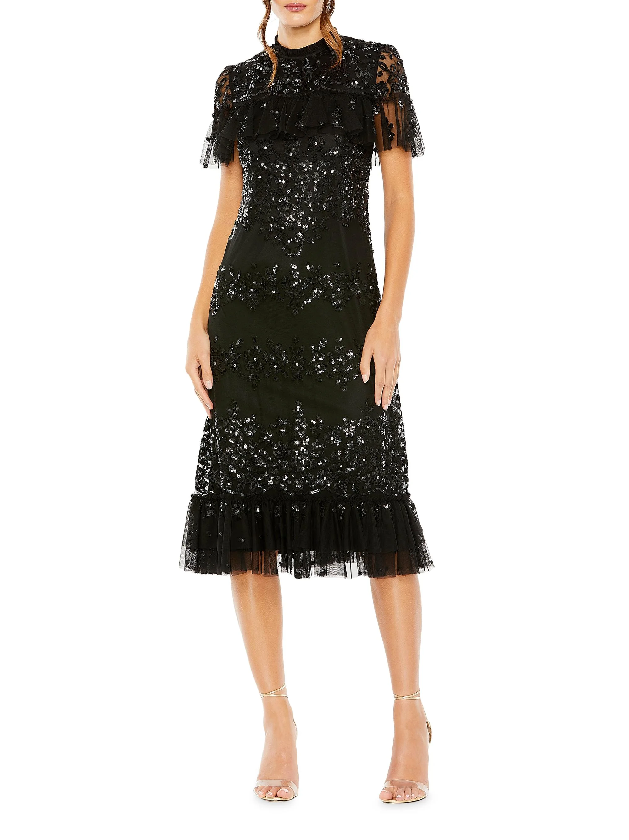 Women's Sequined Flounce Midi-Dress - Black - 1