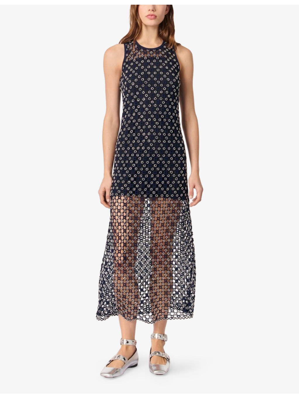 Bead-Embellished Crochet-Overlay Woven Midi Dress - 2