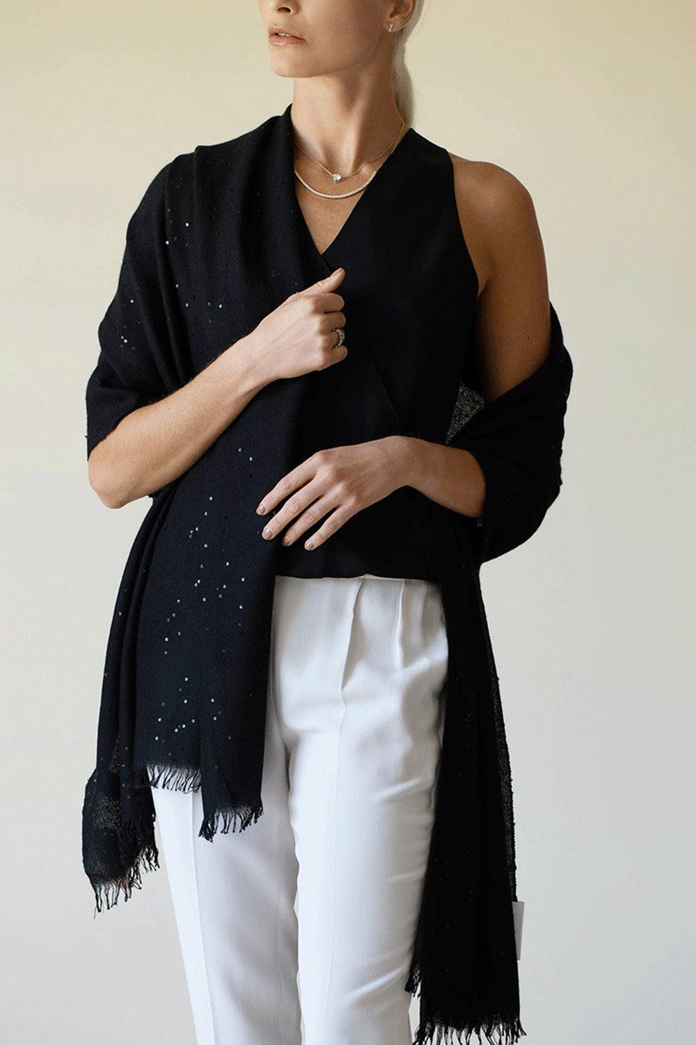 Black Cashmere Silk and Paillette Scarf - 4