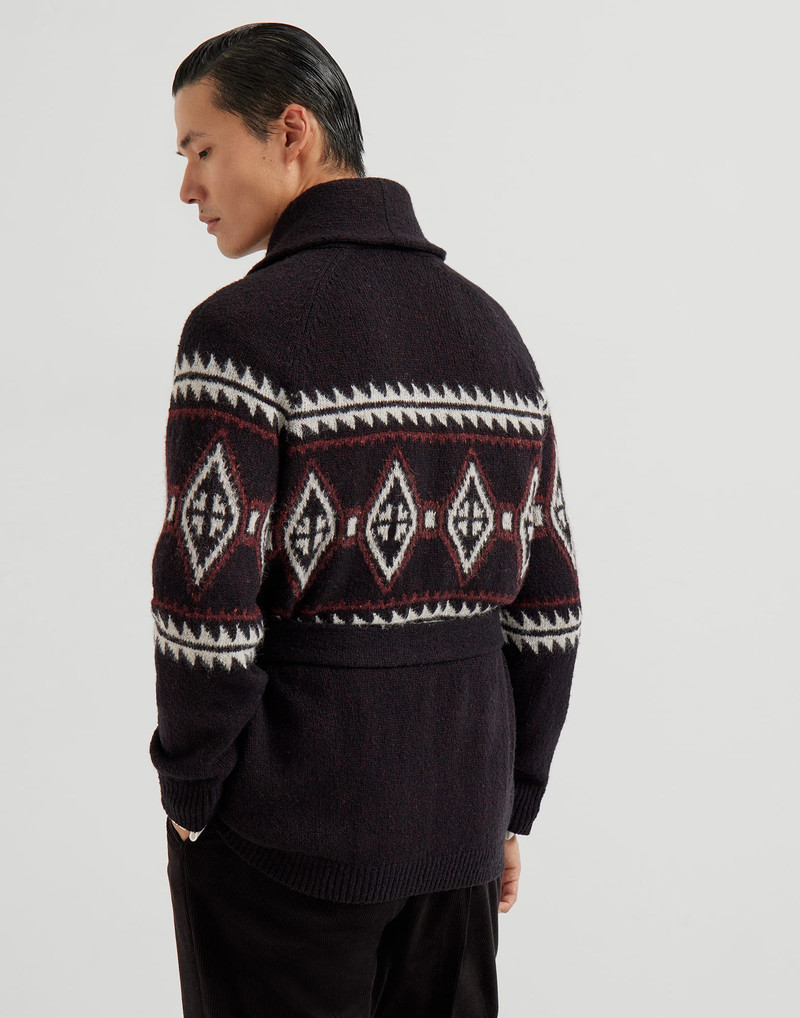 Brunello Cucinelli Geometric jacquard belted
cardigan in virgin
wool, silk and cashmere
with metal buttons outlook