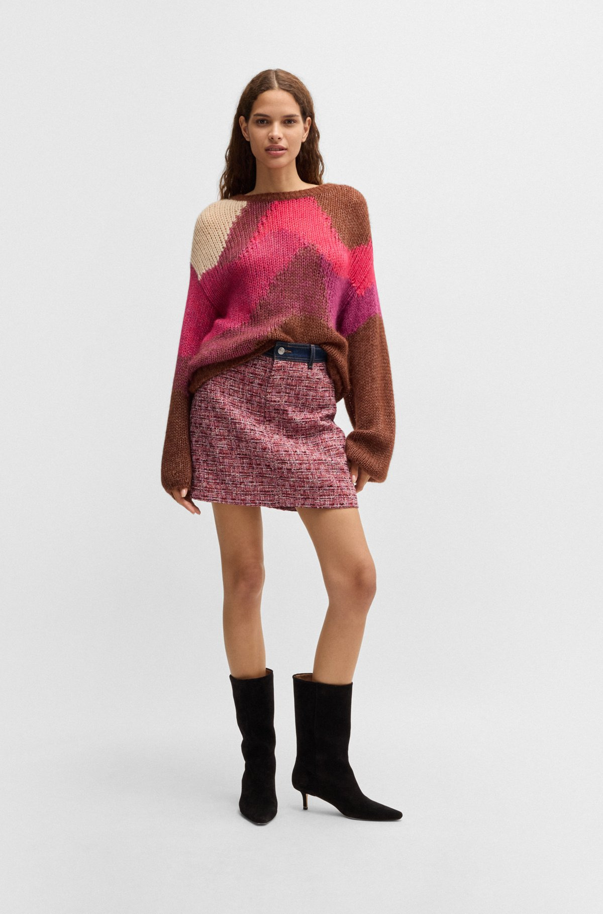 MULTICOLORED-TWEED A-LINE SKIRT WITH DENIM TRIMS - 3
