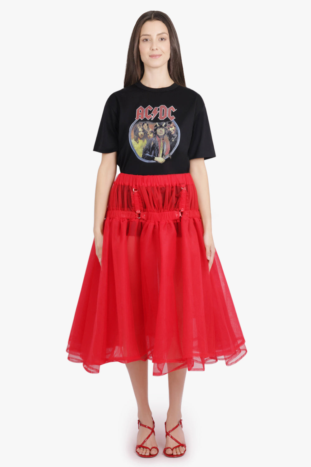 LAYERED TULLE GARTER BELTED MIDI SKIRT | RED - 4