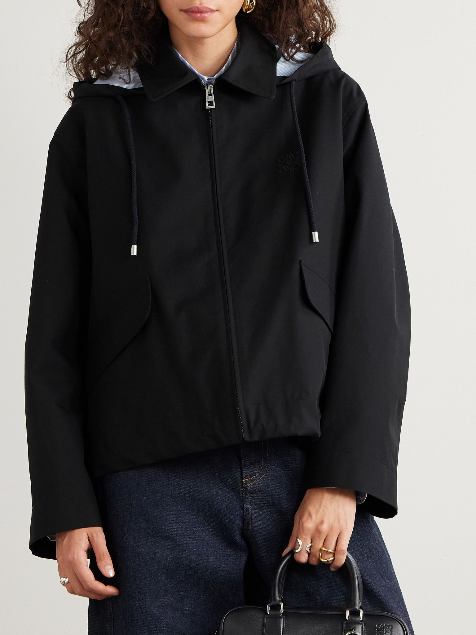 Hooded striped poplin-paneled embroidered cotton-twill jacket Black - 3