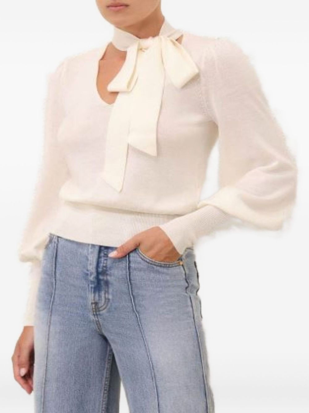 neck-tie balloon-sleeve jumper - 3