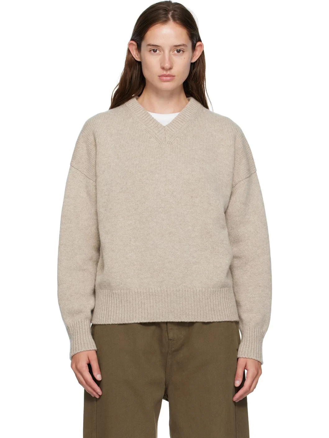 Beige Balla Slouch V-Neck Sweater - 1
