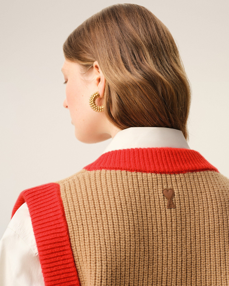 BROWN WOOL SLEEVELESS V NECK SWEATER 4
