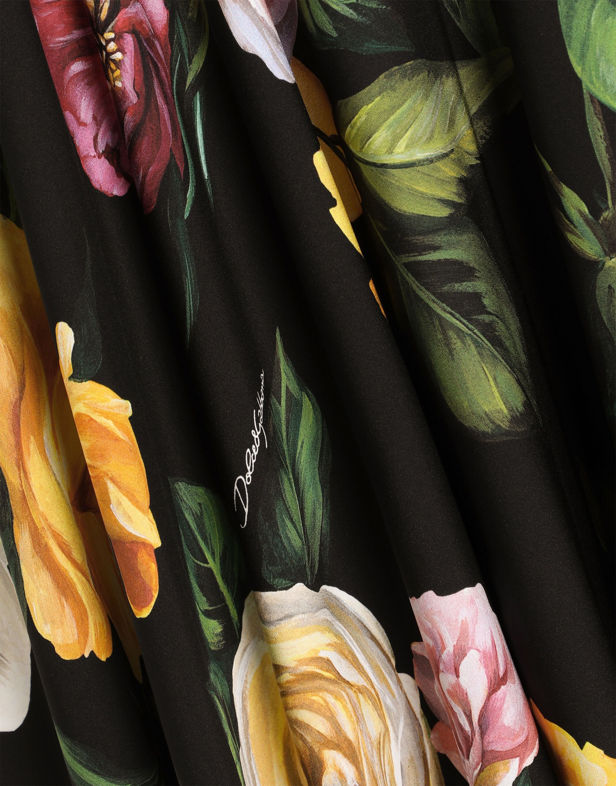 Peony and rose-print charmeuse calf-length circle skirt - 4