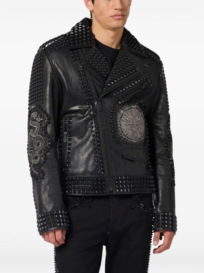 PHILIPP PLEIN studs embroidered leather biker jacket outlook