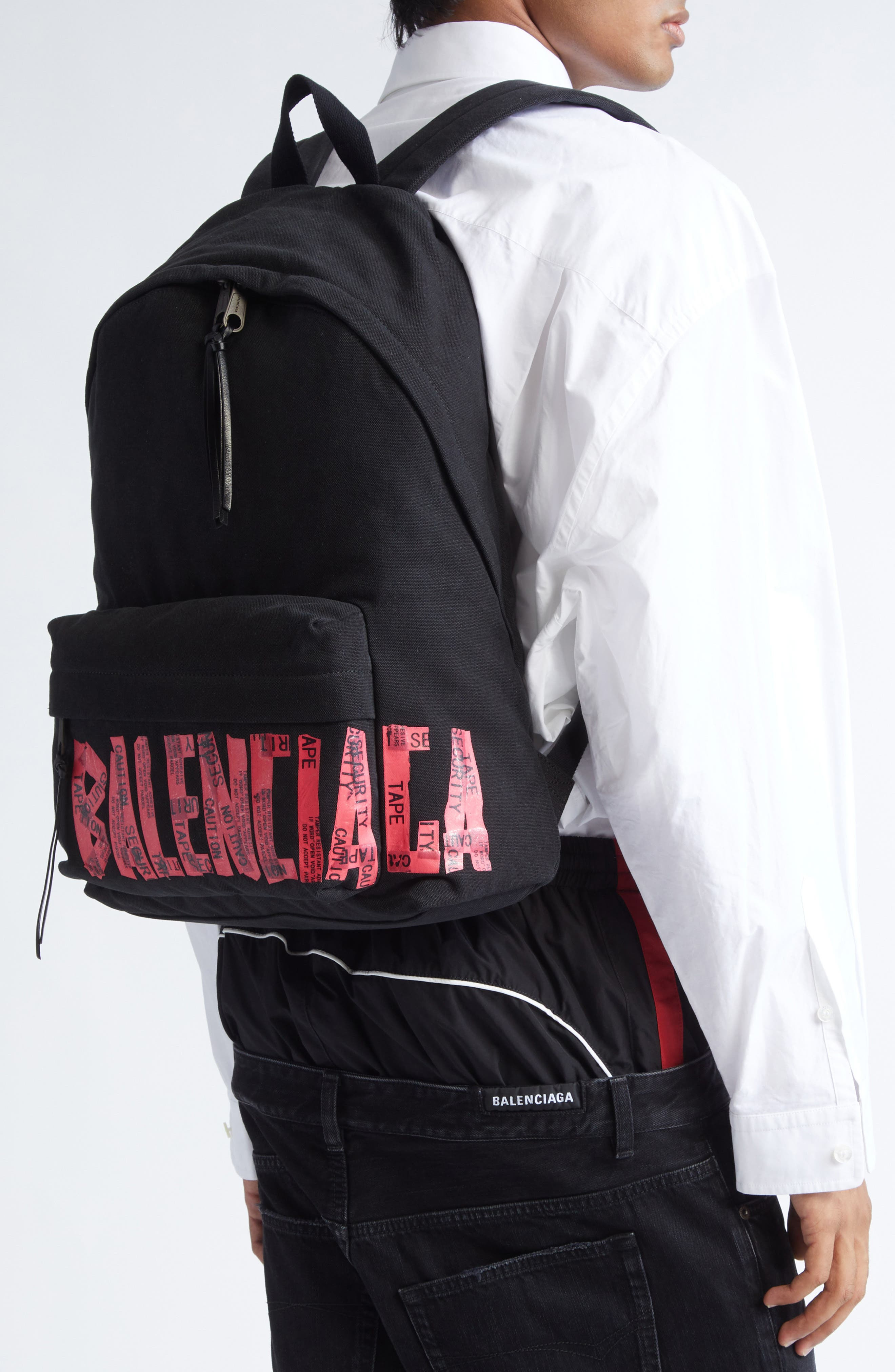 Balenciaga Tape Type Logo Canvas Backpack in Black/Light Red at Nordstrom - 2