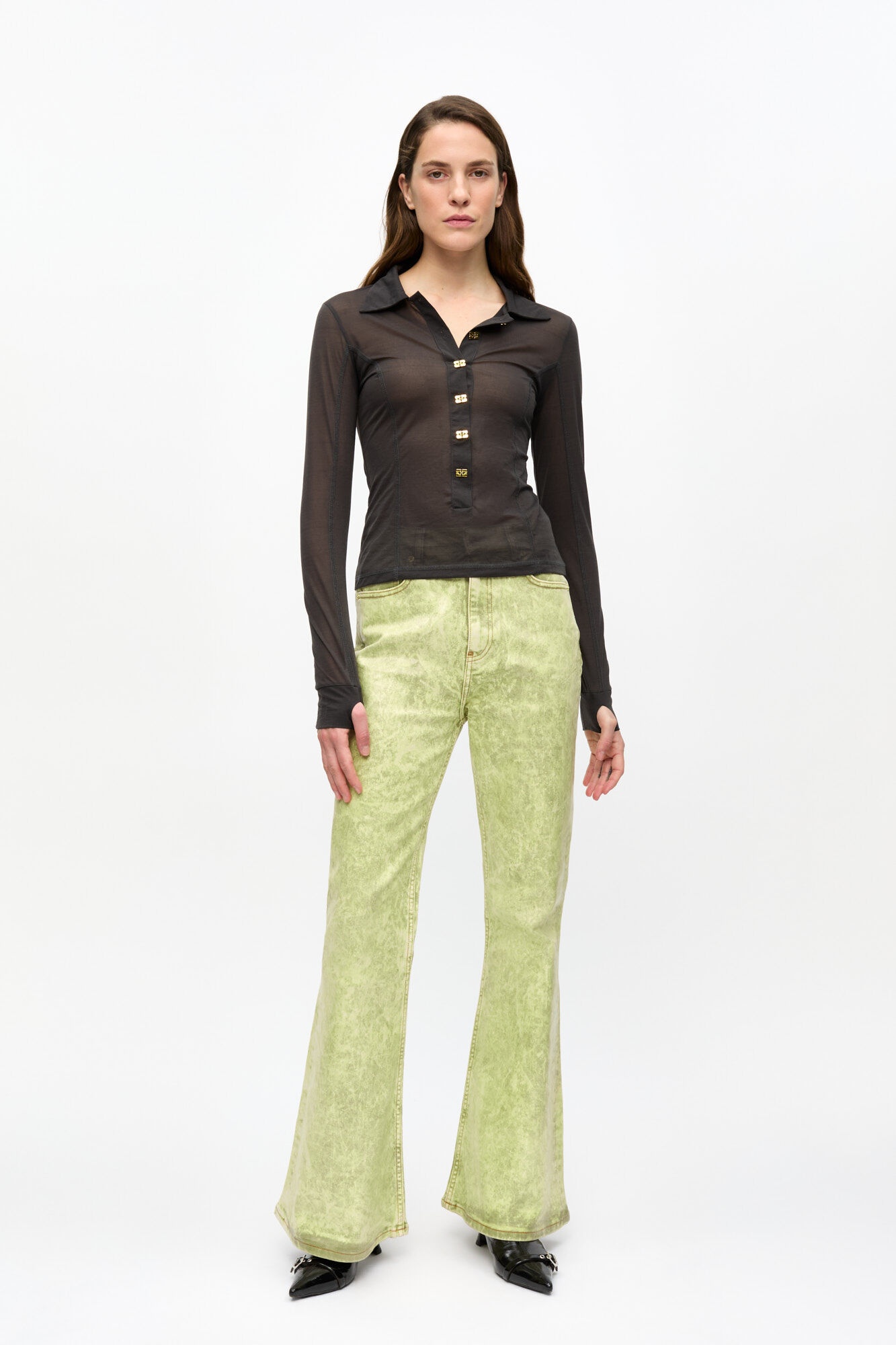 BLACK SHEER MESH JERSEY BUTTONED TOP - 3