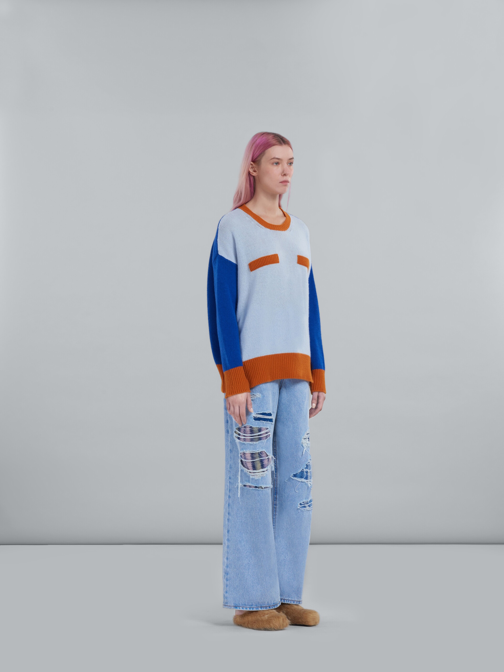 COLOR BLOCK LIGHT BLUE CASHMERE SWEATER - 5