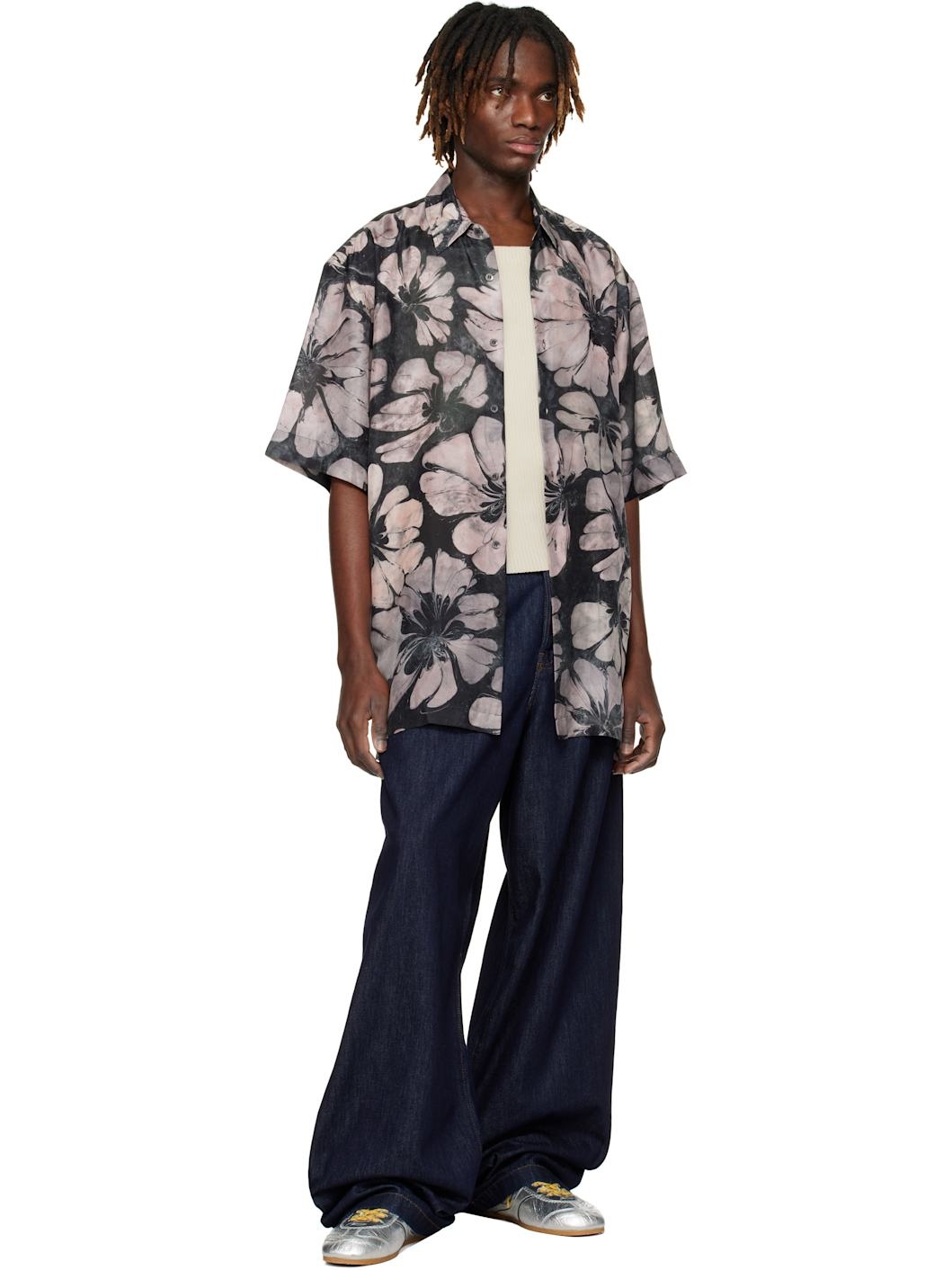 Black & Pink Silk Short Sleeve Shirt - 4