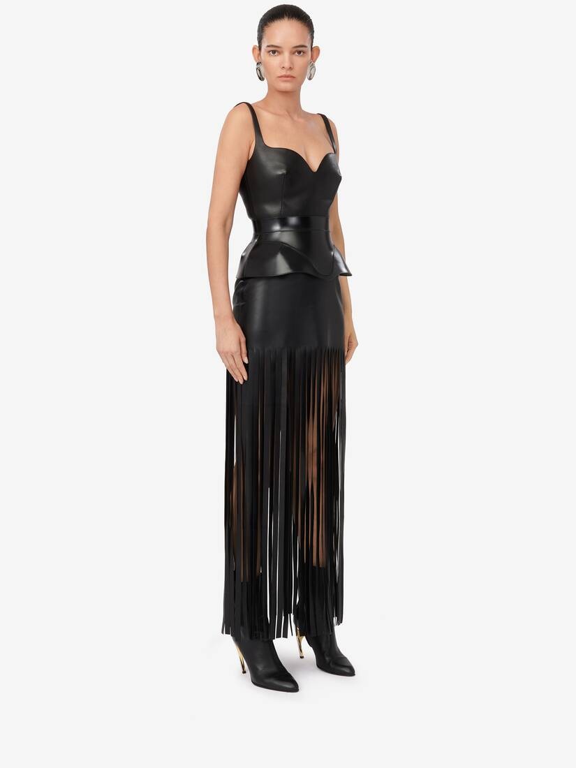 Women's Fringed Leather Pencil Dress in Black - 3
