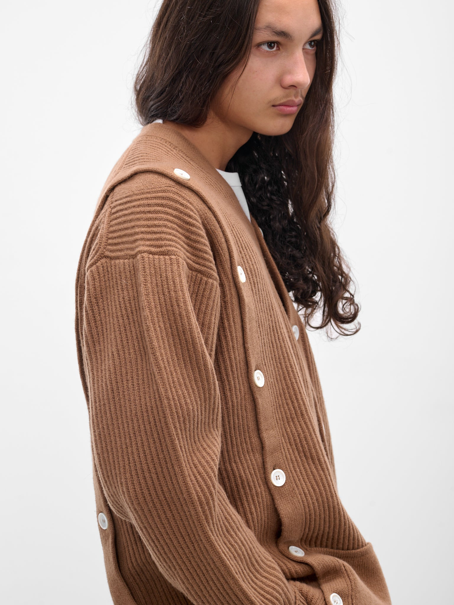 Beige Cashmere Rib-Knit Buttoned Cardigan - 4
