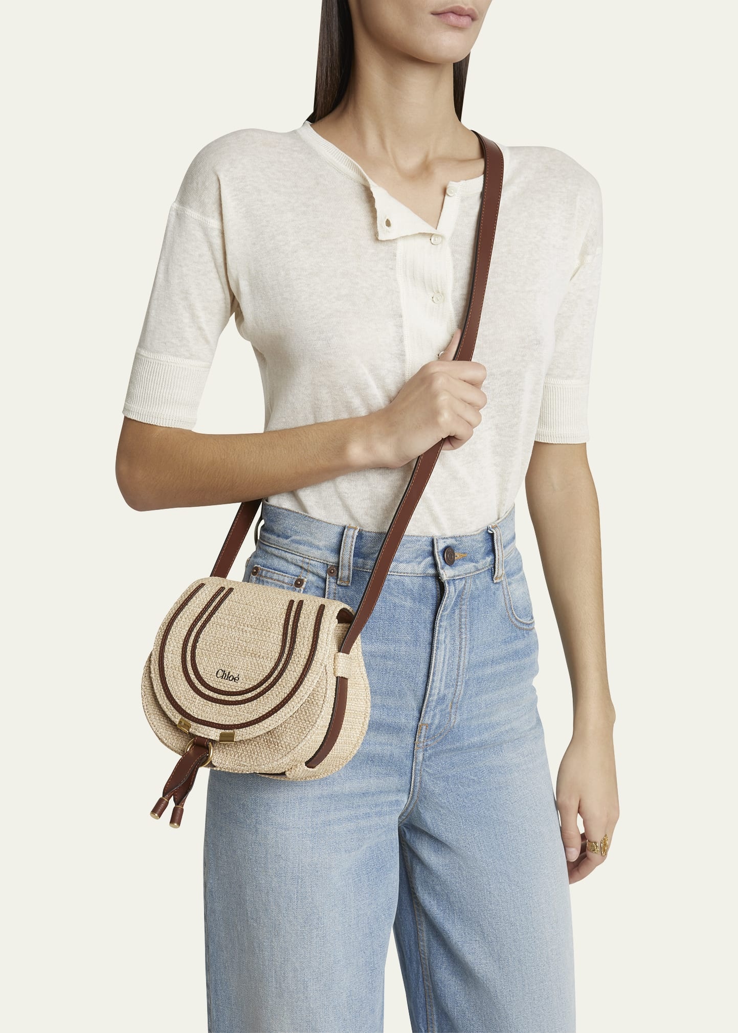 Marcie Flap Saddle Crossbody Bag in Raffia Fabric and Leather - 2