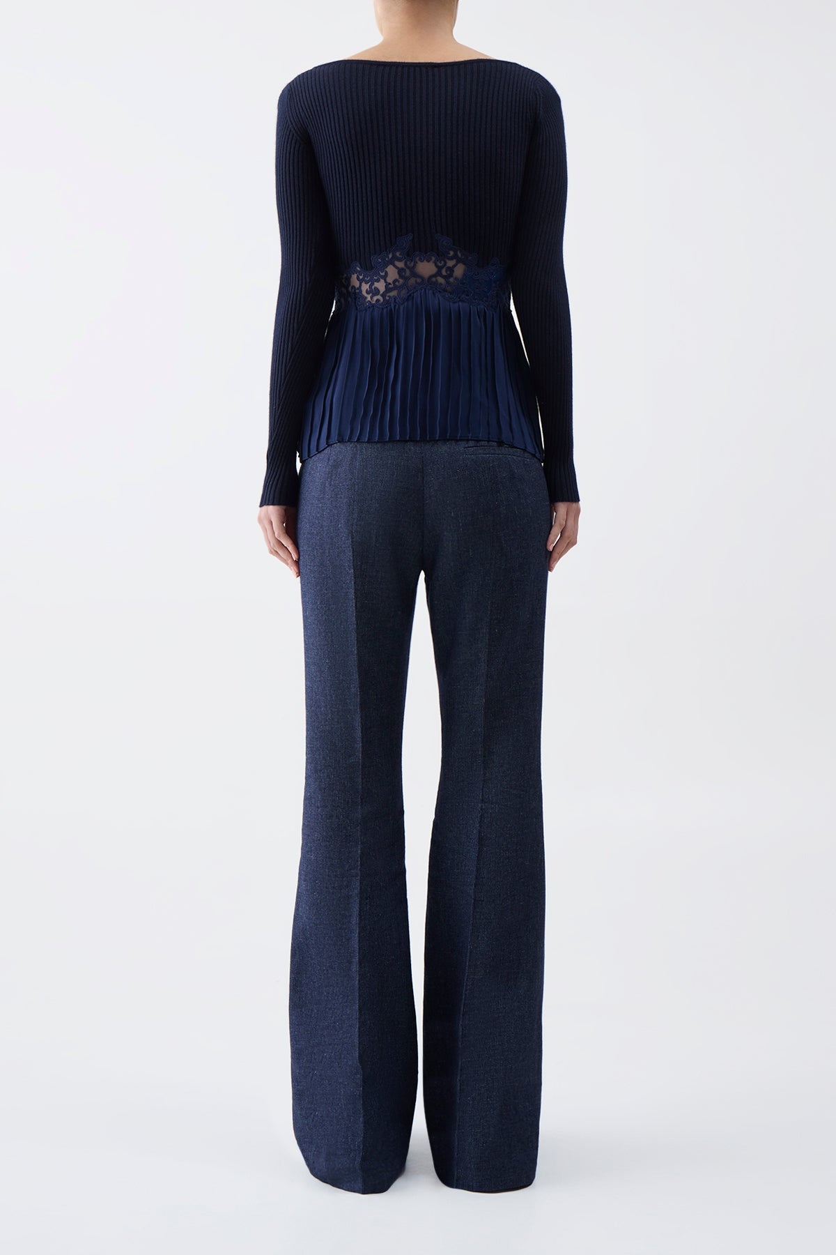 Fini Lace Top in Navy Silk Crepe - 4