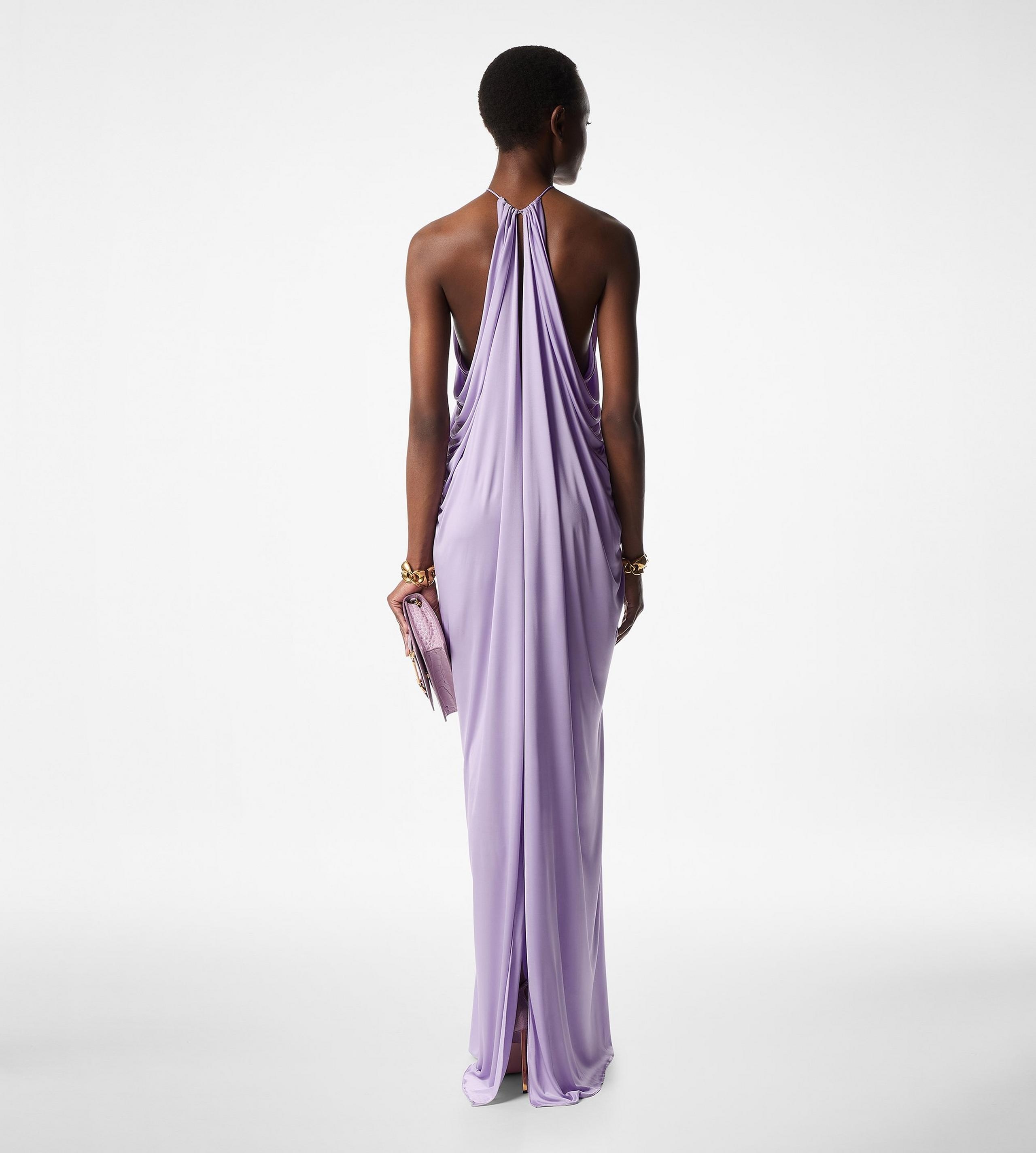 LIGHT LUSTROUS JERSEY HALTERNECK EVENING DRESS - 4