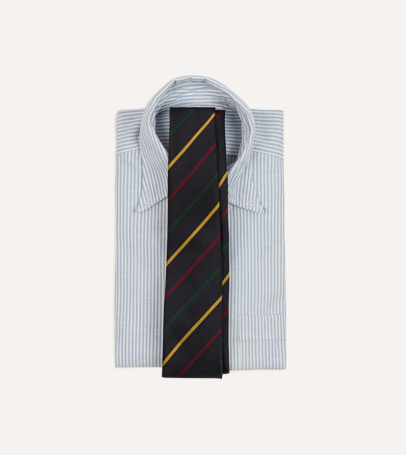 Drake's Navy, Green, Red and Yellow Stripe Repp Silk Tipped Tie outlook