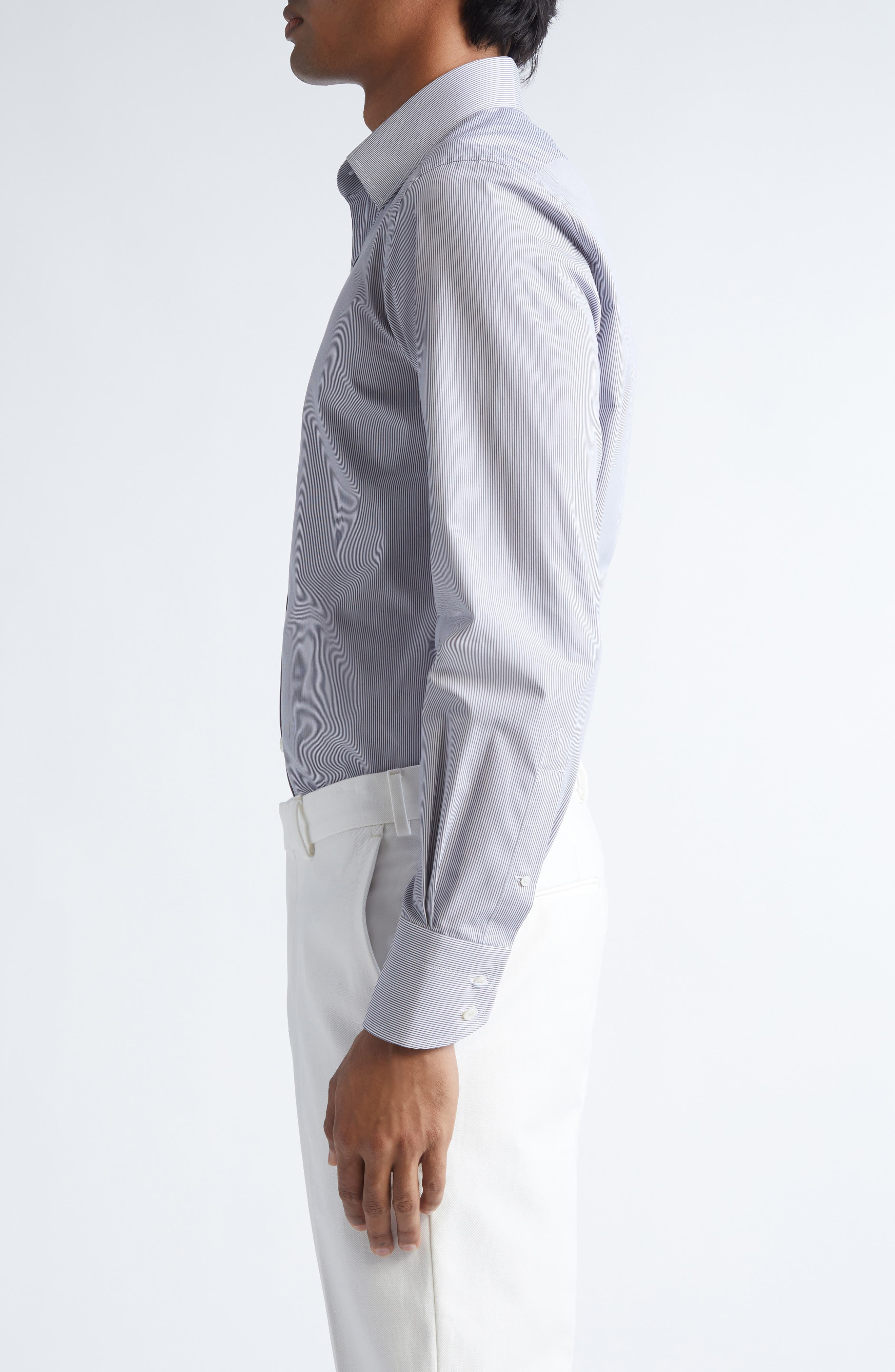 TOM FORD Classic Fit Stripe Peached Cotton Button-Up Shirt in White/Light Grey at Nordstrom - 3