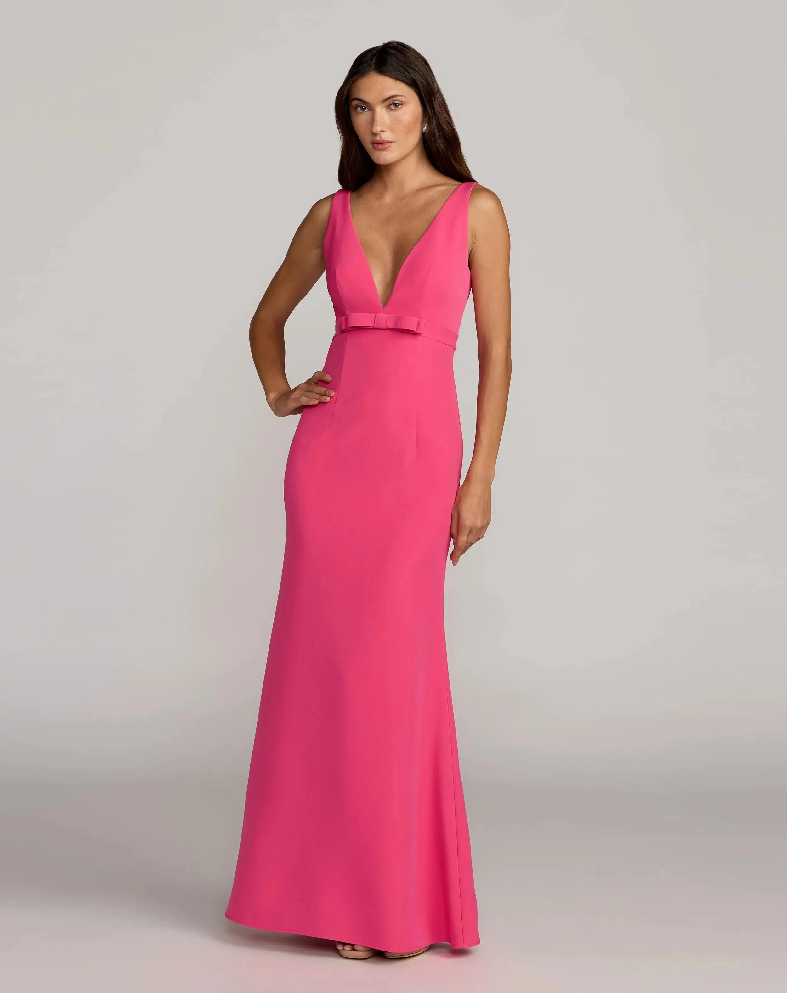 Hot Pink Crepe V-Neck Mermaid Gown with Bow - 1